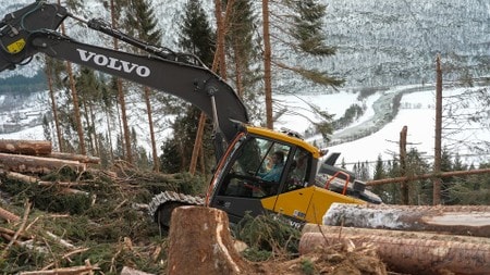 En person sitter i en gul gravemaskin i en skog med furu som blir hogd. Maskinen er i ferd med å fjerne trær fra bakken, og mange trestokker er allerede avfiltret. I bakgrunnen ses en snødekt dal og en elv som renner gjennom landskapet. Området er klart og oversiktlig, med synlige spor etter hugst.