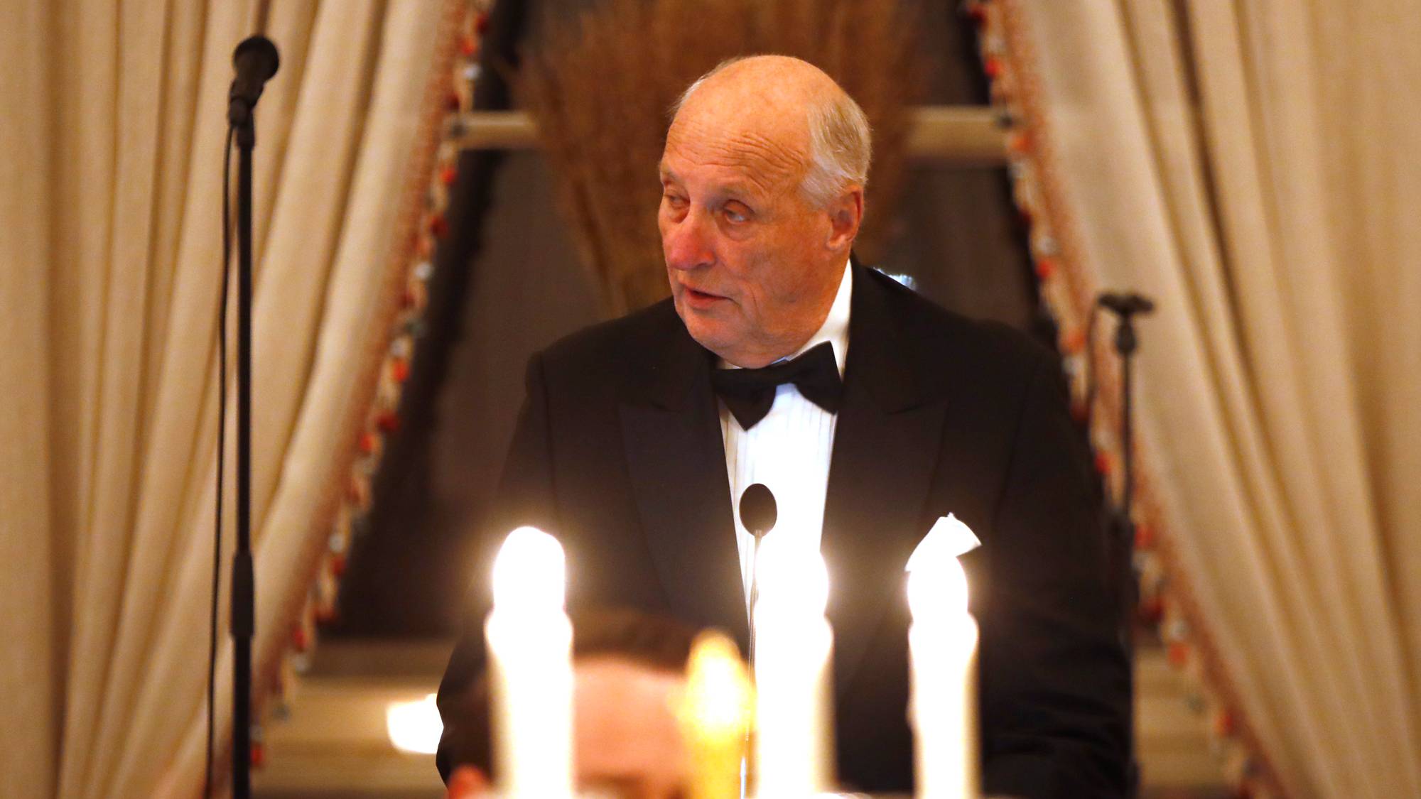 Kong Harald holder tale ved en middag. Han er kledd i smoking og står bak en mikrofon. (Bildebeskrivelsen er laget av en KI-tjeneste)