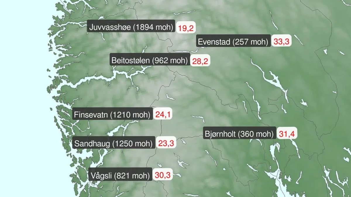 Flere enn ti steder med varmerekord onsdag