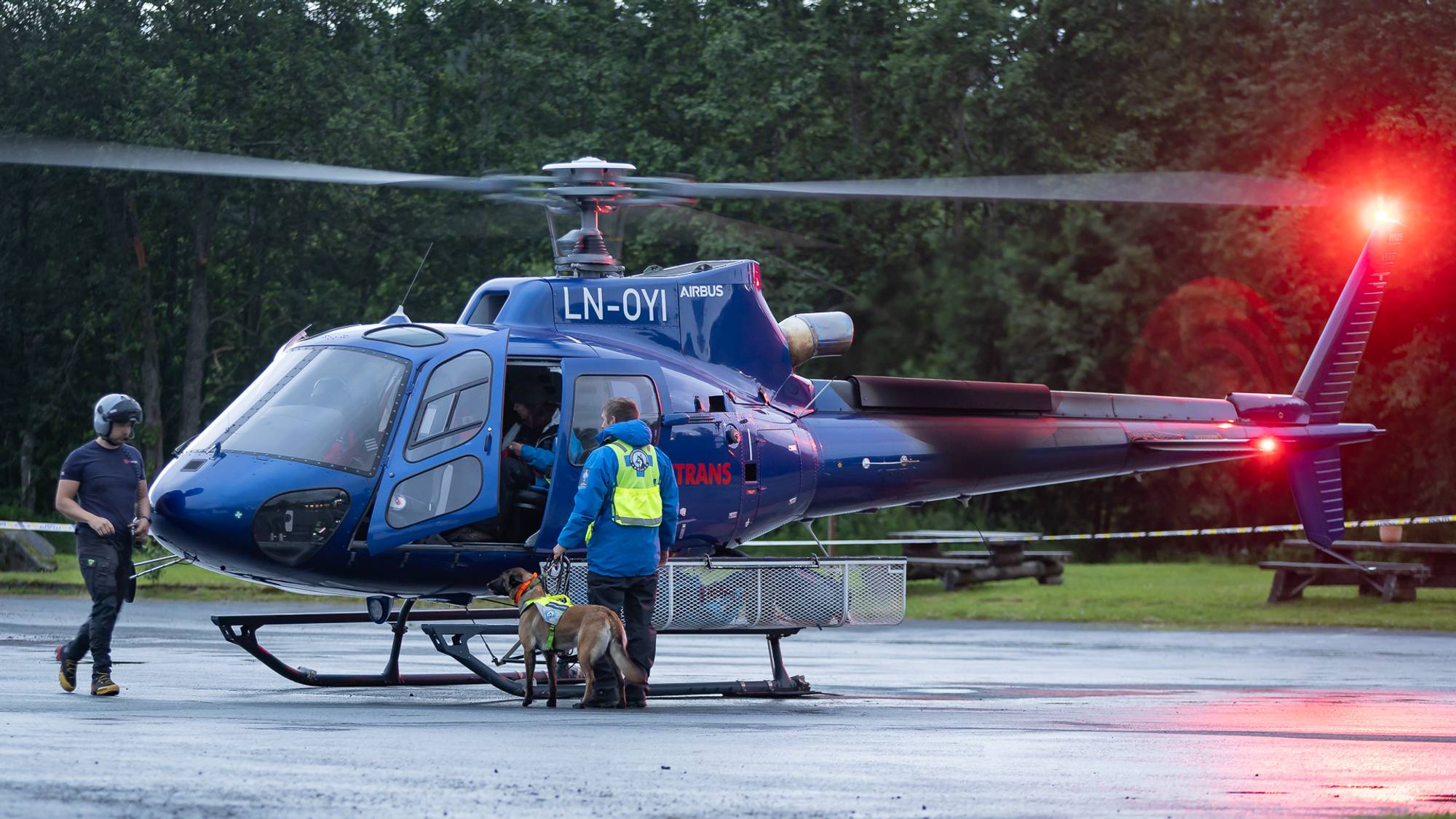 Et helikopter fra Helitrans står på bakken, og en person fra Norske Redningshunder med en hund i bånd er i ferd med å gå om bord i helikopteret. Piloten er på utsiden og sjekker at alt er ok før take-off