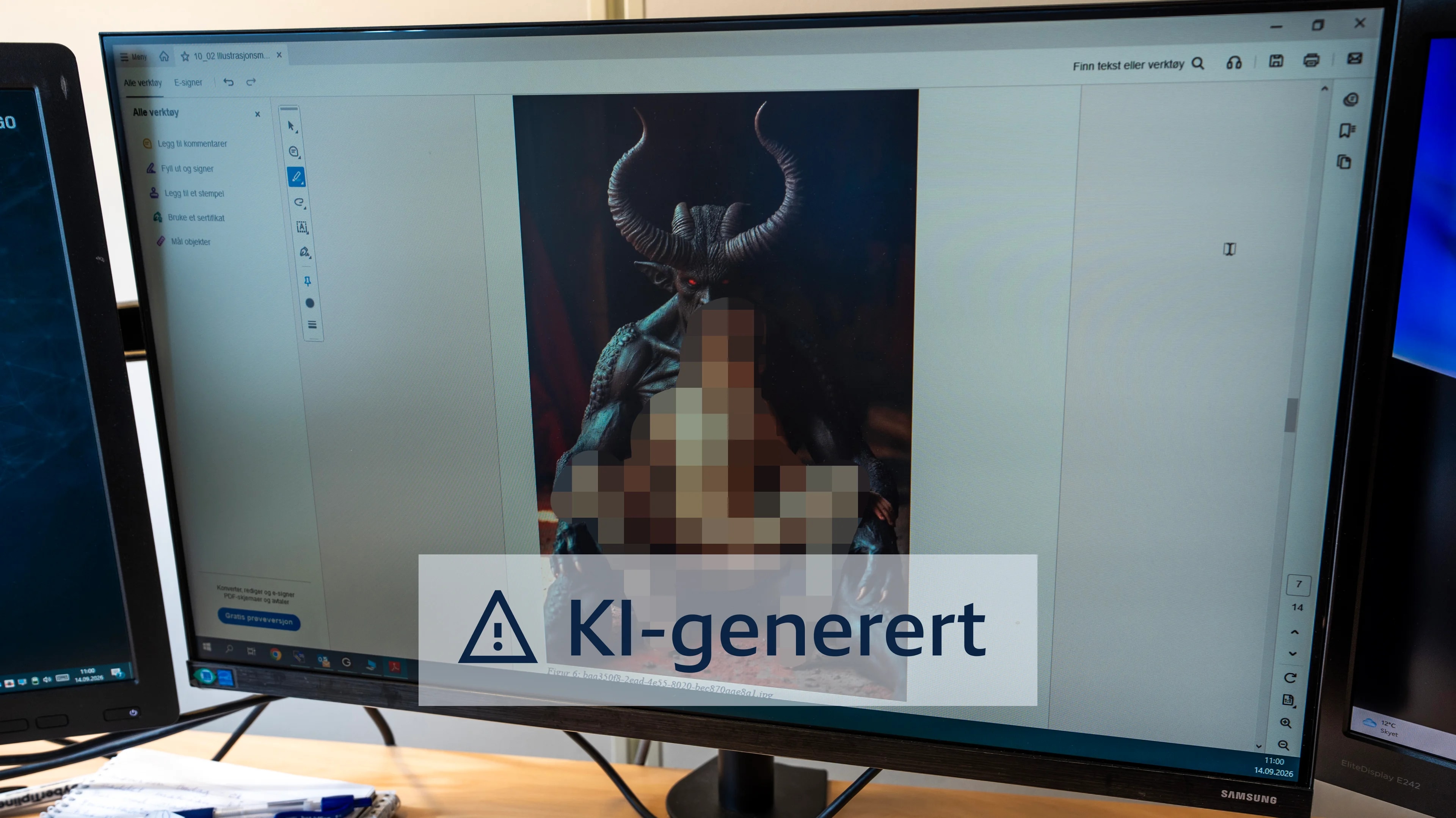 KI-generert bilde av en jente som sitter i fanget på en demonlignende skikkelse.