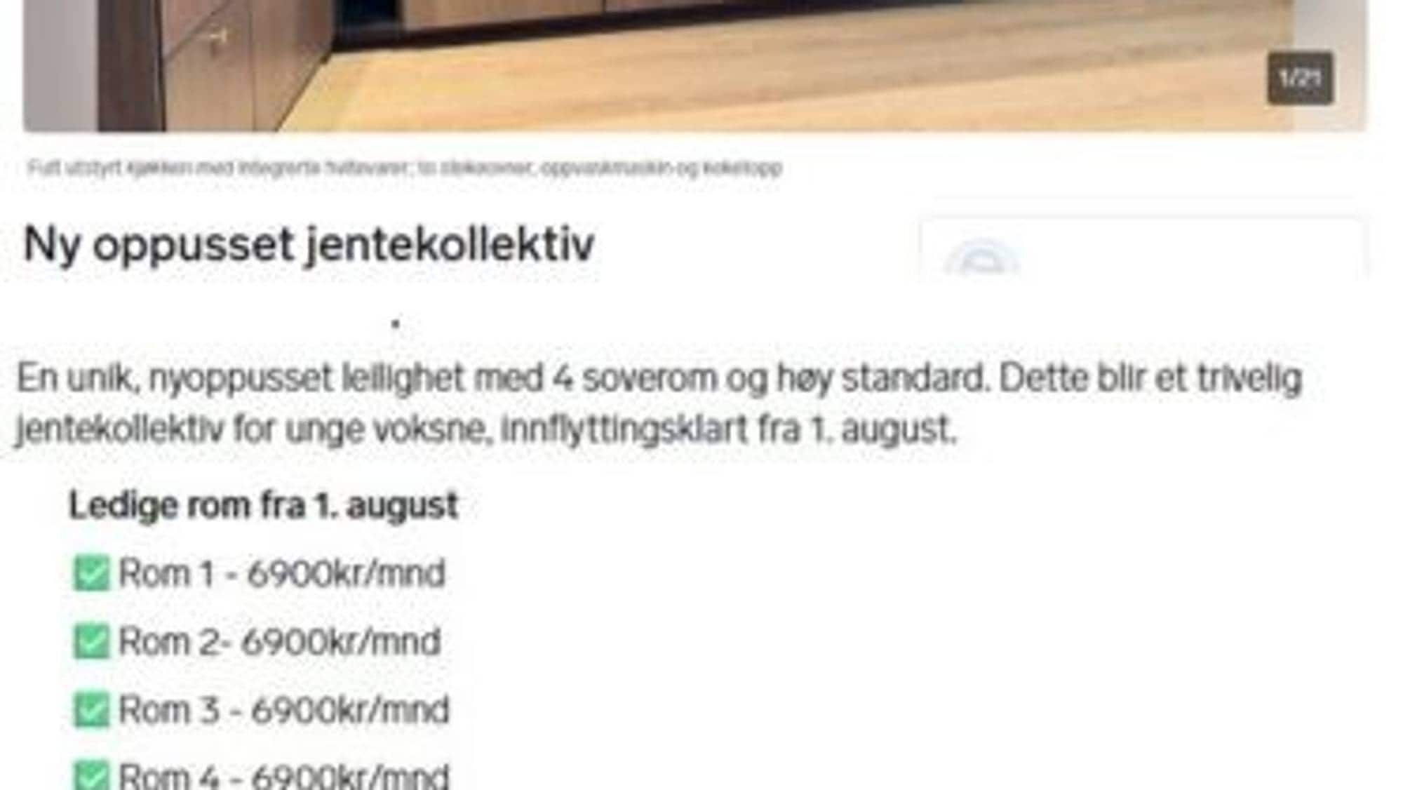 Annonse som viser ein utleigar som ønsker å leige ut eit tomt kollektiv,berre for jenter.