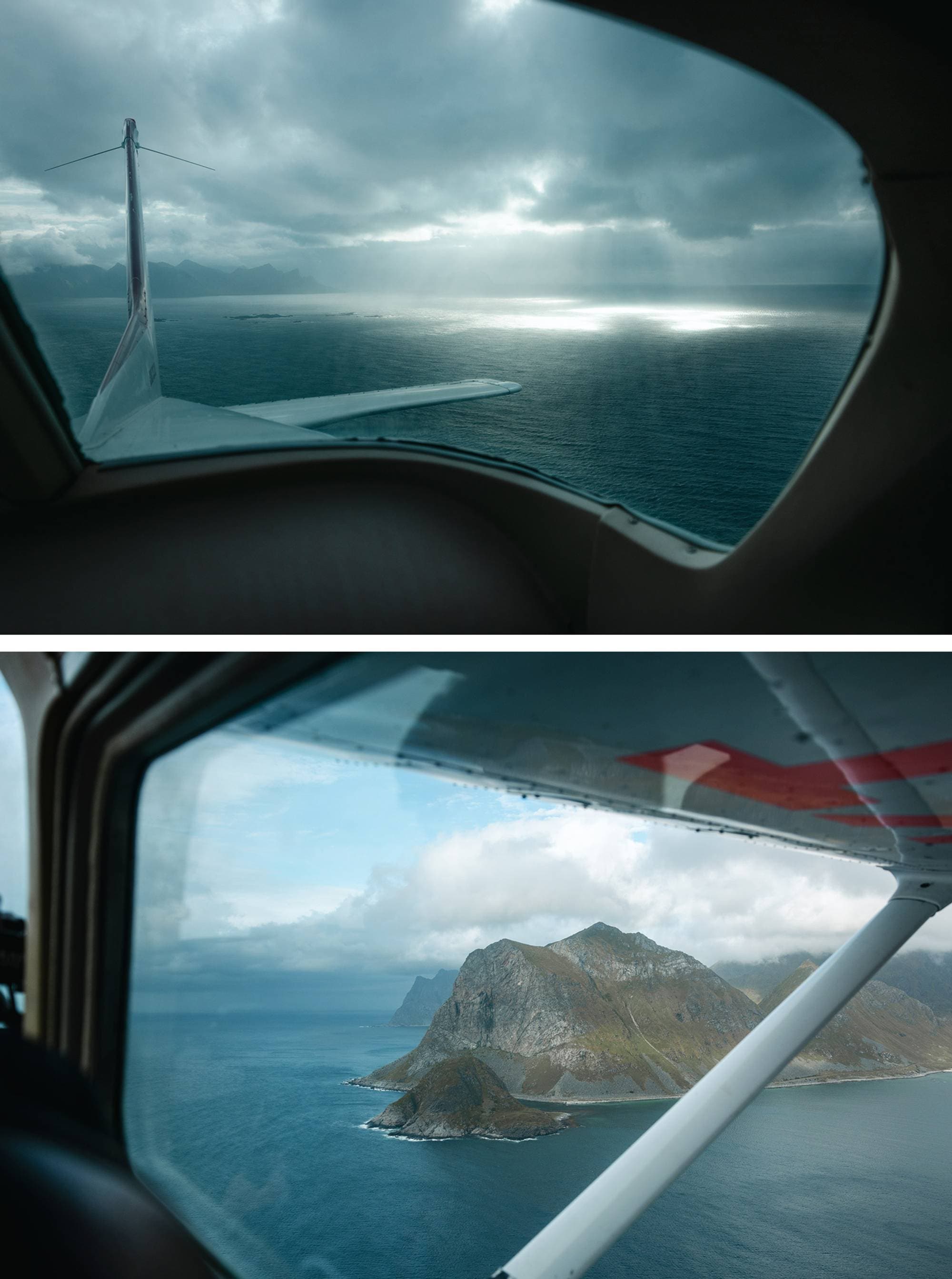 To foto som viser vakker nordnorsk natur, begge tatt ut av det lille flyet i luften. Det ene viser noen vakre solstråler som bryter gjennom tykke skyer og lyser opp havoverflaten, det andre viser et flott fjell som står mot havet.