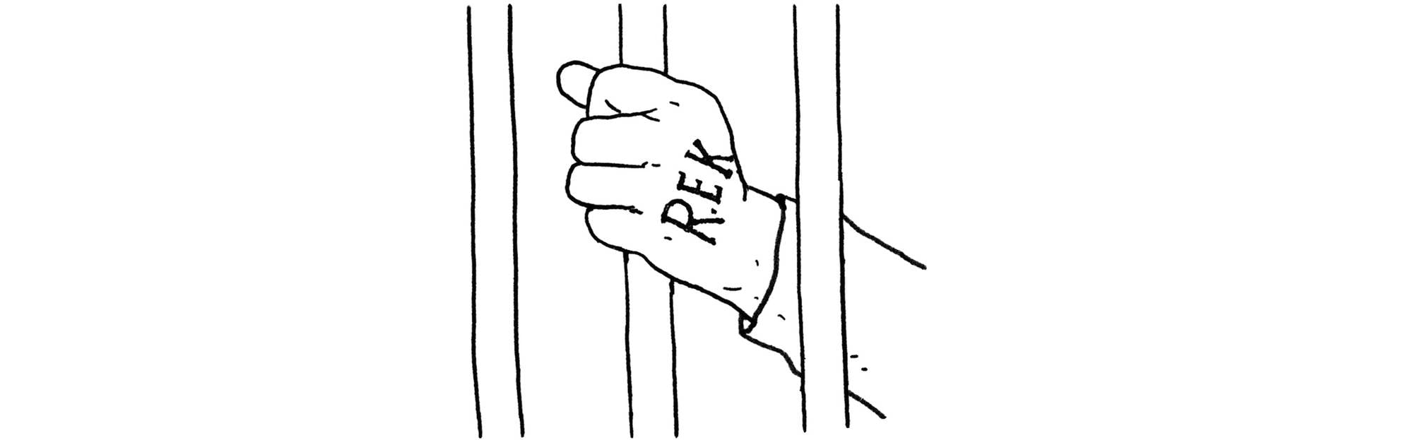 Tegning av ei tatovering av bokstavene REK på hånda til Rolf Erling Knutsen.