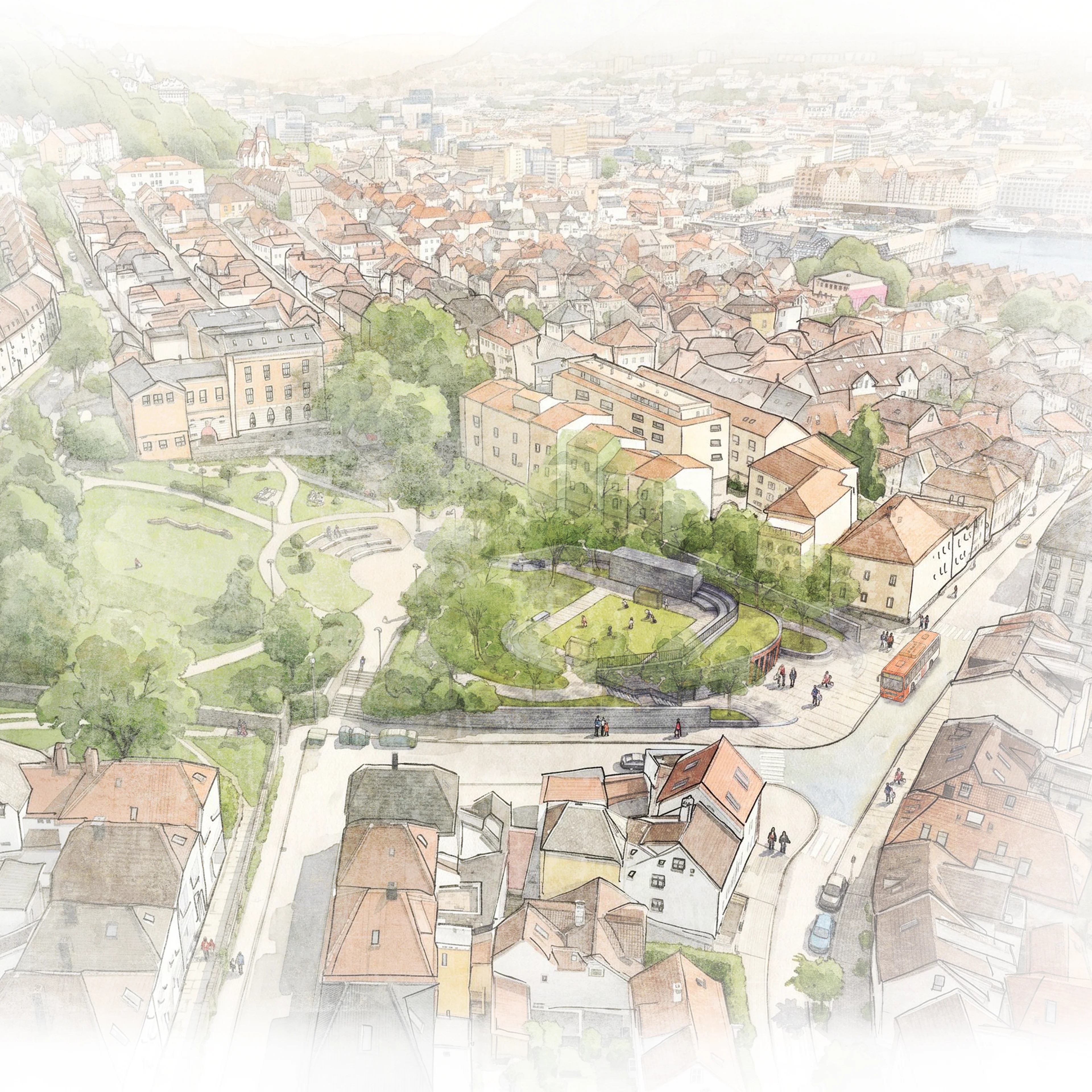 Illustrasjonsteikning av planlagd bybanetrase frå Bergen sentrum til Åsane bydel: Ladegårdsgaten
