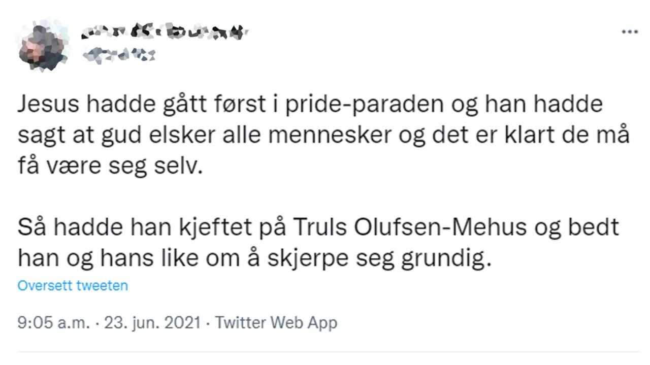 Twittermelding om Truls Olufsen-Mehus.