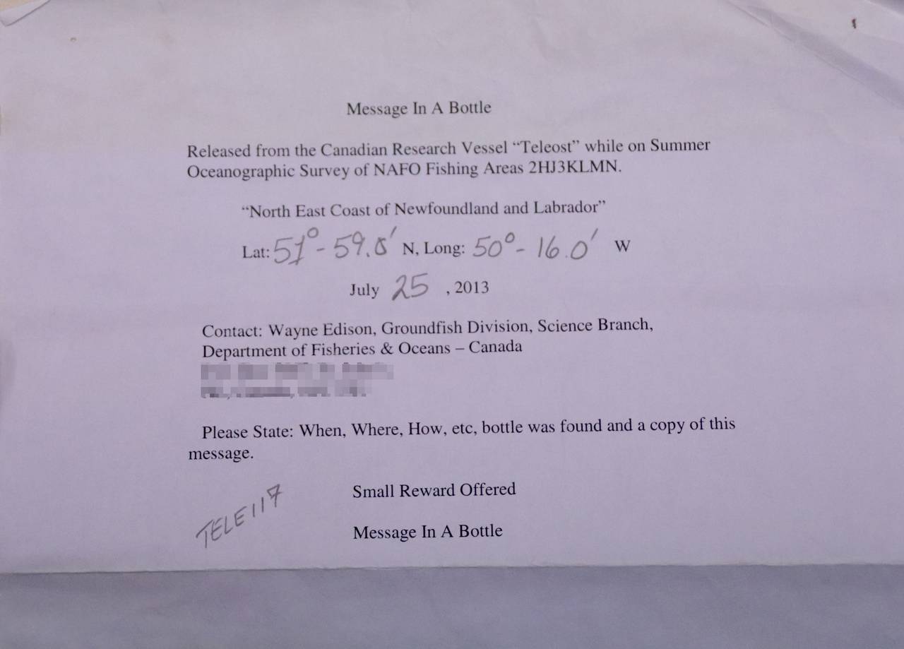 Flaskepost sendt fra fiskebåt utenfor Canada. Koordinatene er med i brevet.