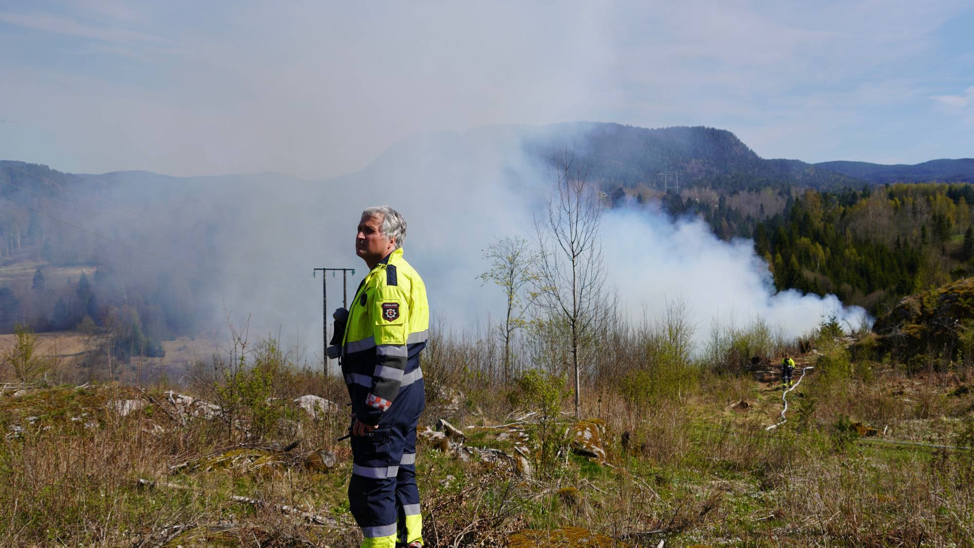 Mann i gul og blå varselklær står på en gresskledd høyde og ser mot røykutvikling i terrenget. I bakgrunnen er det skog og fjell.(Bildebeskrivelsen er laget av en KI-tjeneste)