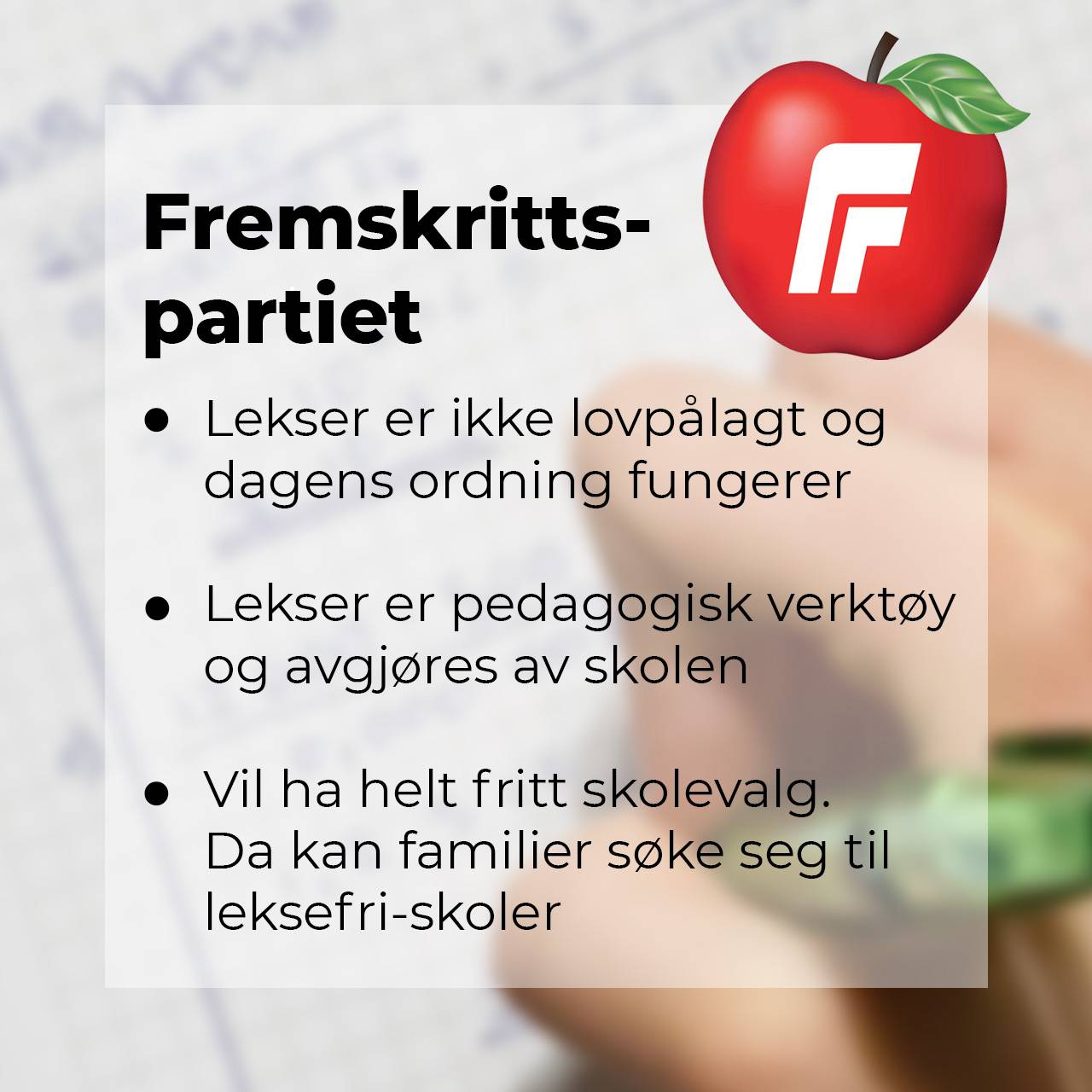 Fremskrittspartiet om leksefri