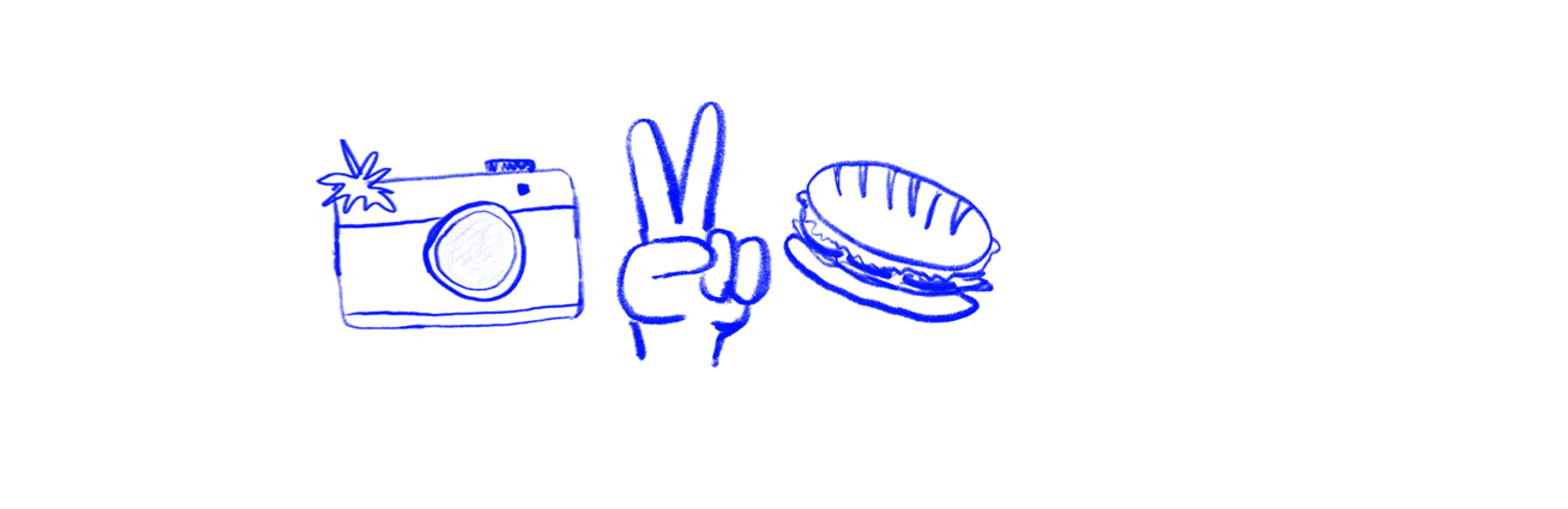Illustrasjon. Et kamera et peace hånd-tegn, en baguette