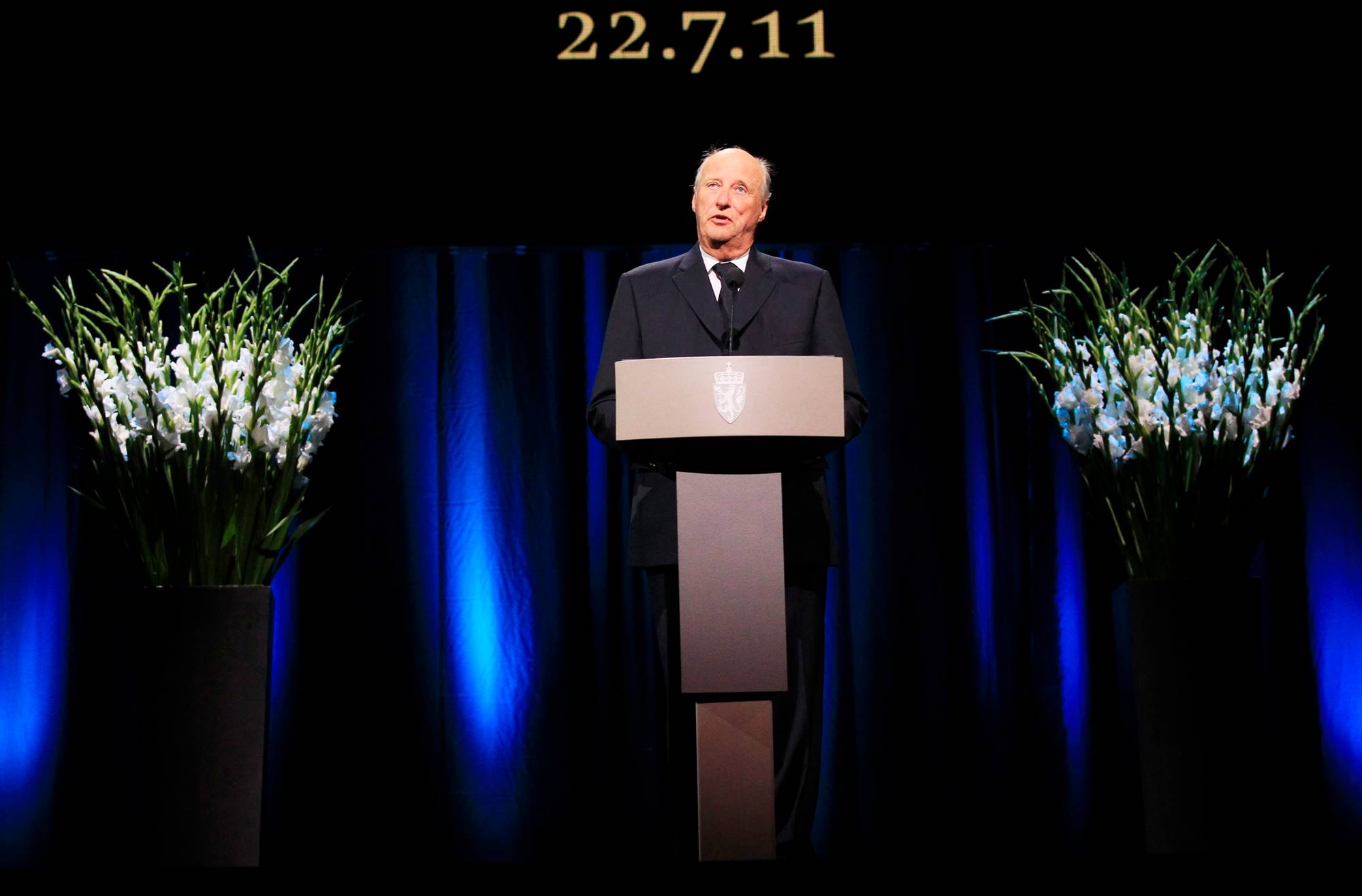 OSLO 20110821. Hans Majestet Kong Harald holder tale under minneseremonien etter terrorhandlingene 22. juli. Anders Behring Breivik skjøt og drepte 69 personer på AUF sommerleir på utøya og 8 personer ble drept i bombeattentatet i regjeringskvartaletFoto: Cornelius Poppe / NTB scanpix --