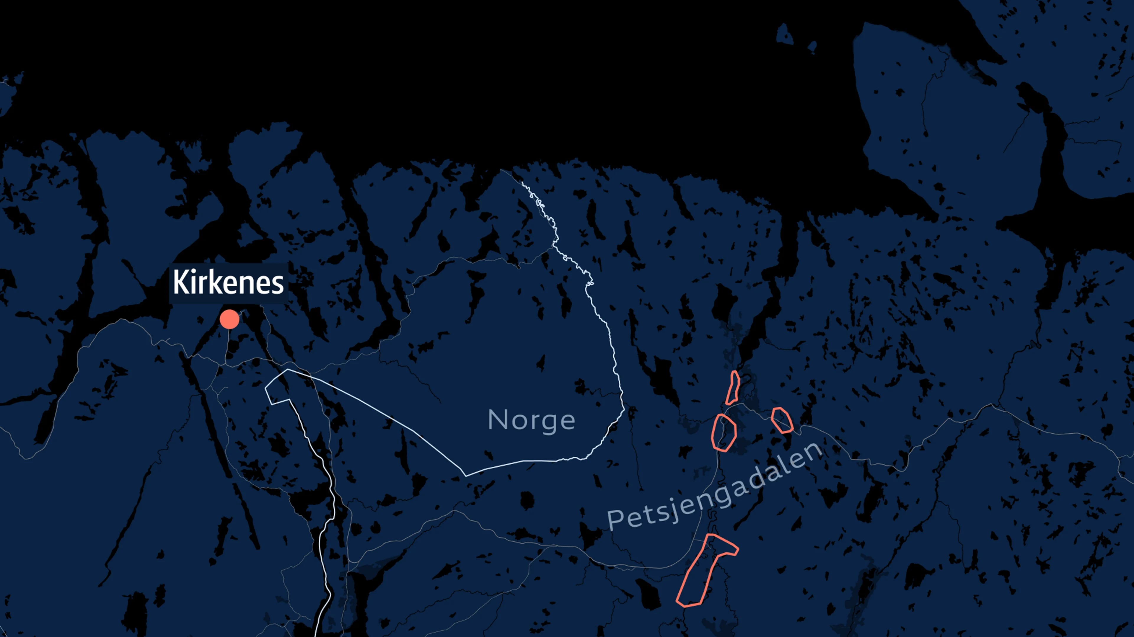 Kart som viser Kirkenes, grensen mellom Russland og Norge og fire markerte baser i Petsjengadalen.