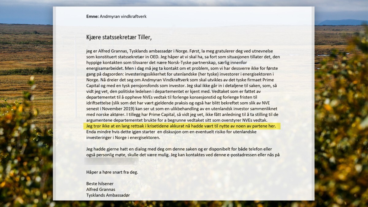 Denne e-posten viser hvordan tysk ambassadør ville påvirke regjeringens vindkraft-nei