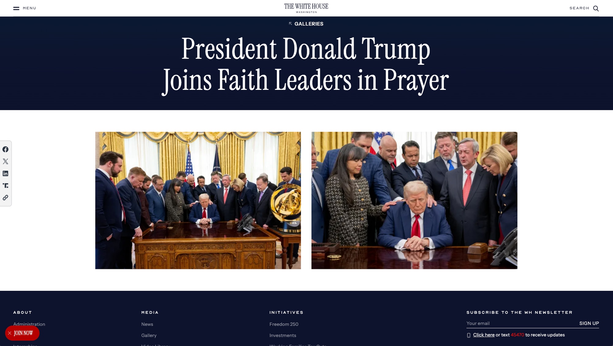 Faksimile av Det Hvite Hus sin nettside med bilder av president Donald Trump omringet av flere religiøse ledere i det Ovale Kontor. 