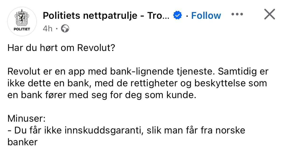 Politiet advarte mot Revolut: Slettet innlegg og beklager feil