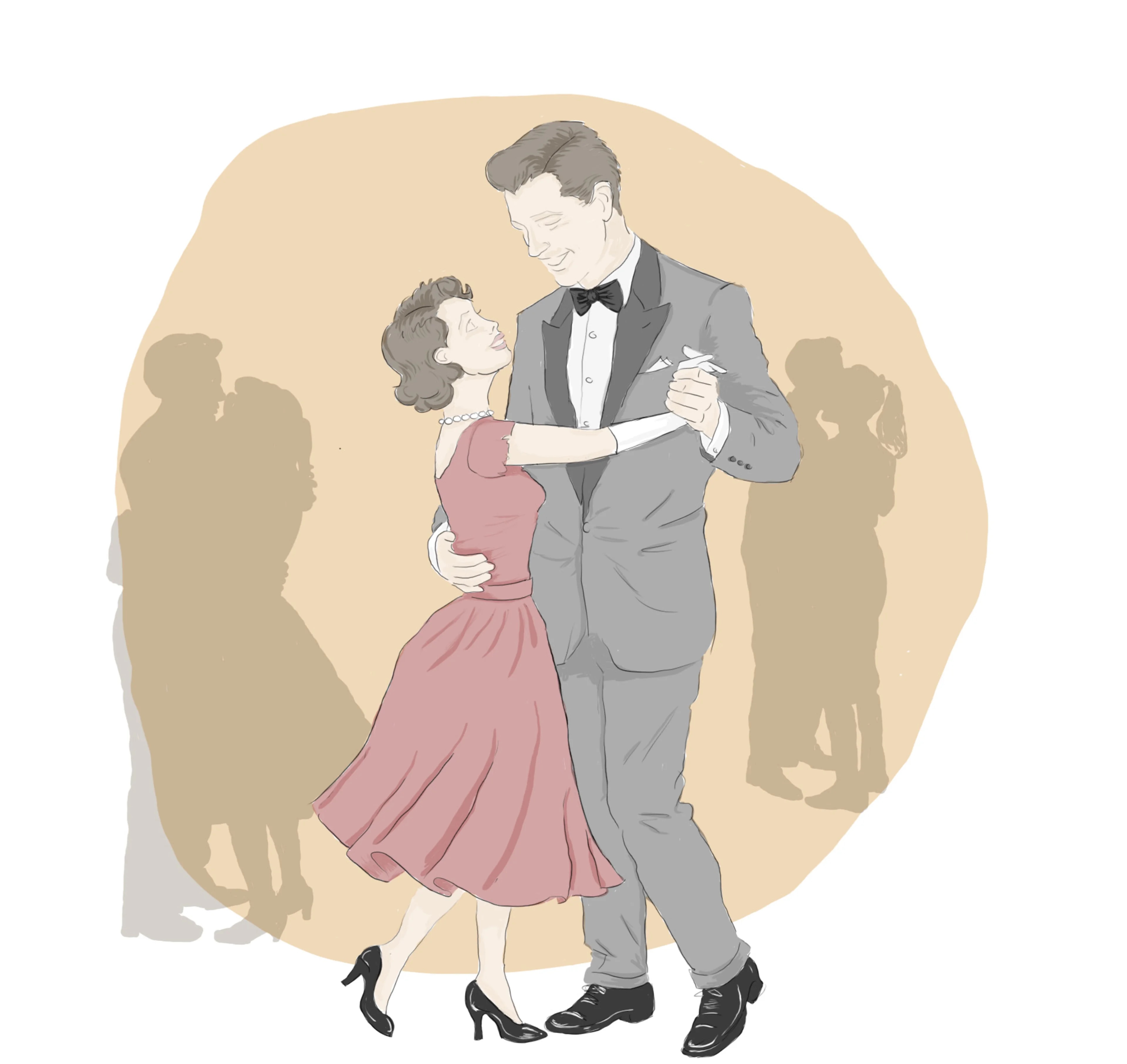 Illustrasjon av to mennesker som danser tett. Han er en høy mann med smoking og sløyfe. Hun er lavere enn ham, har på seg en elegant rød kjole. De ser på hverandre. Dette skjedde på 50-tallet og det er derfor 50-talls stil over klærne og frisyrene dems.