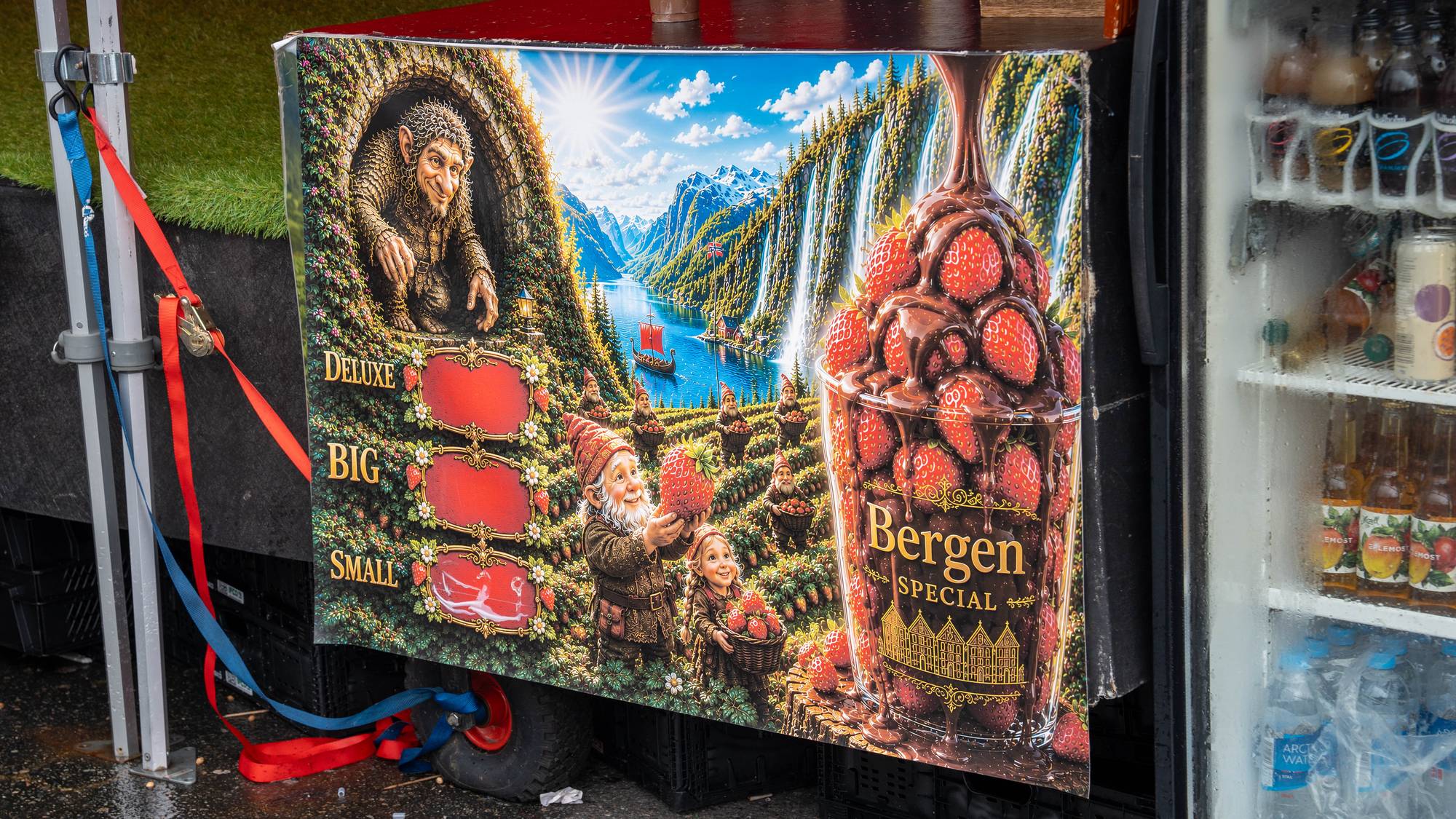 Illustrasjon på salgsvogn med troll, nisser og jordbær, merket med Bergen Special. (Bildebeskrivelsen er laget av en KI-tjeneste)