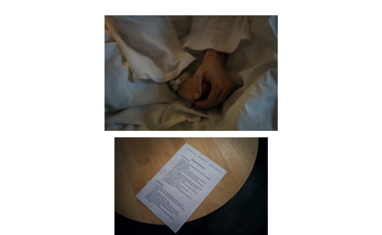 To bilder. Det første viser Elisabeths hender. Det andre viser et infoskriv til pasienter som skal bli operert.