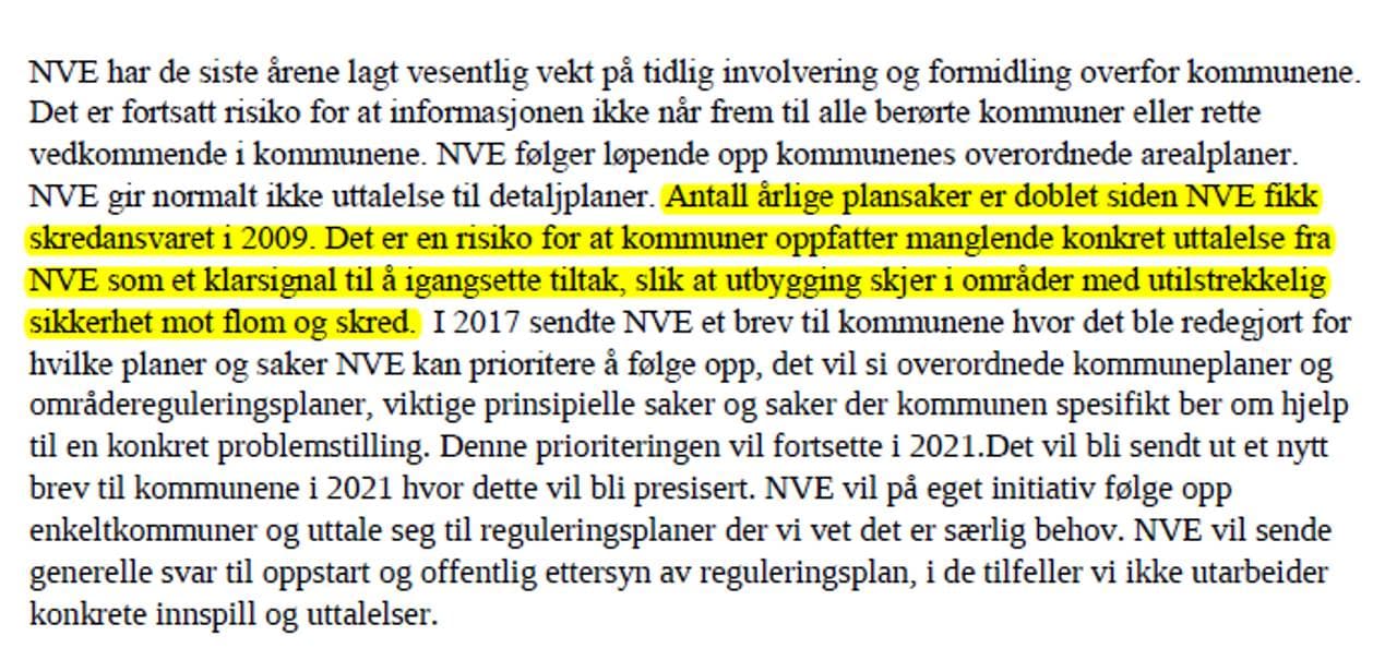 Utdrag fra risikorapport for 2021 av Norges vassdrags-og energidirektorat (NVE) som ble sendt til Olje- og energidepartementet (OED) i november