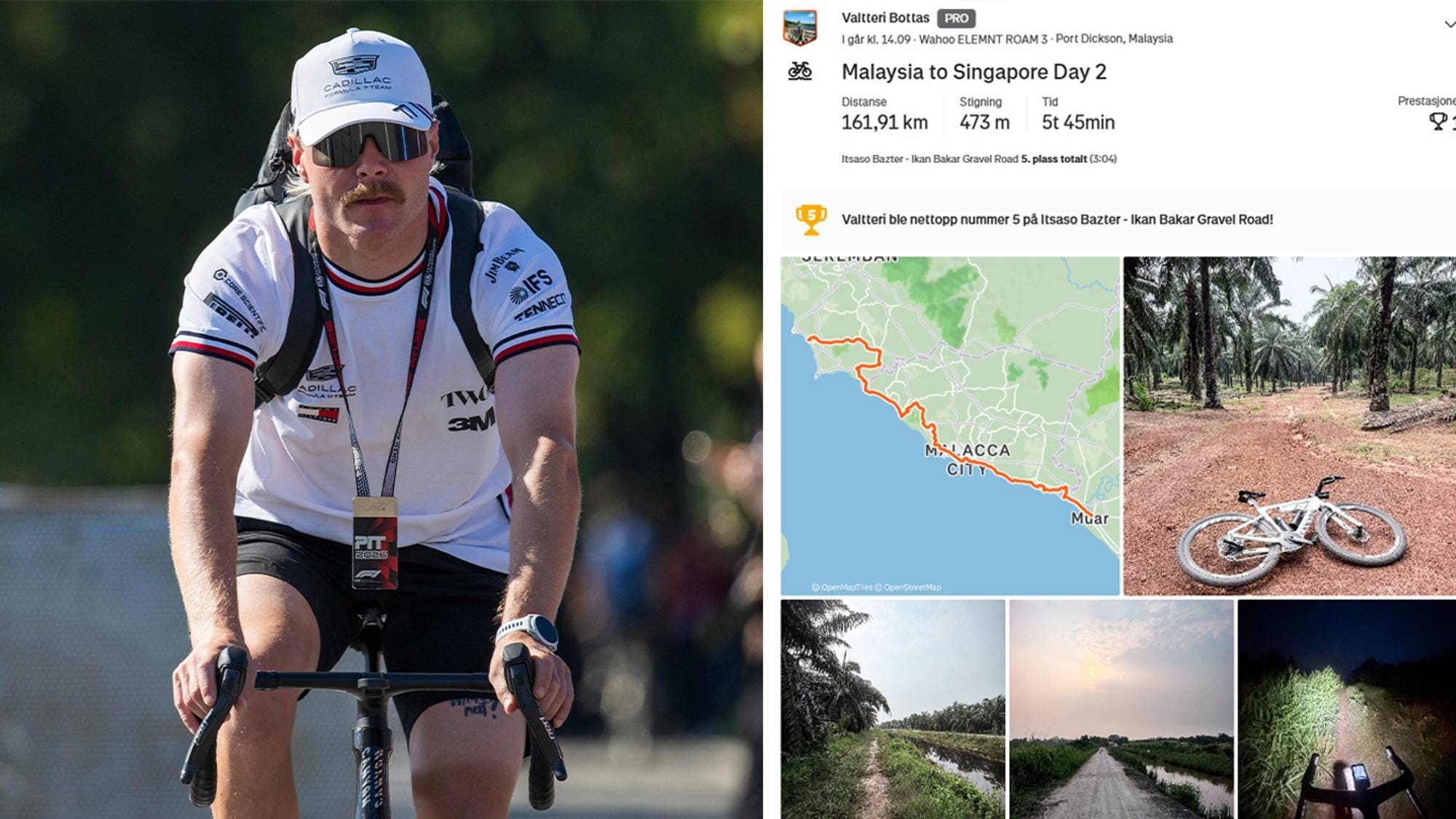 Splitbilde med Valtteri Bottas på sykkel og en Strava-økt