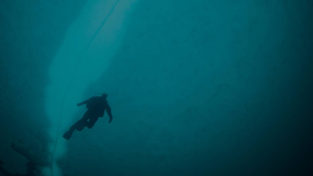 En dykker som svart silhuett under blå is i Antarktis