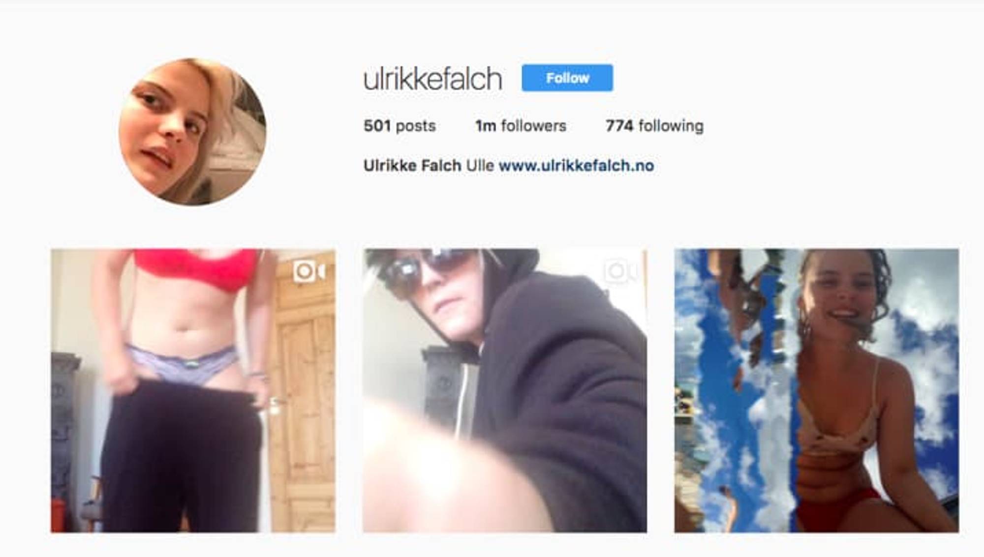 Ulrikke Falchs Instagram-konto hvor hun var fulgt av mer enn en million men...