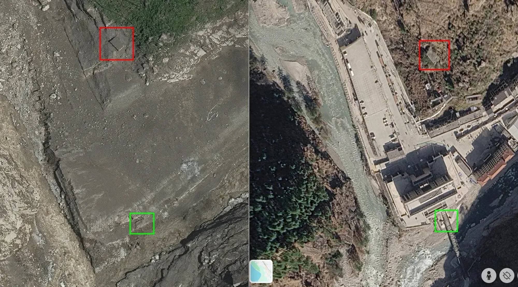 Satellittbilder av et område før og etter en rasulykke med markerte referansepunkter. (Bildebeskrivelsen er laget av en KI-tjeneste)