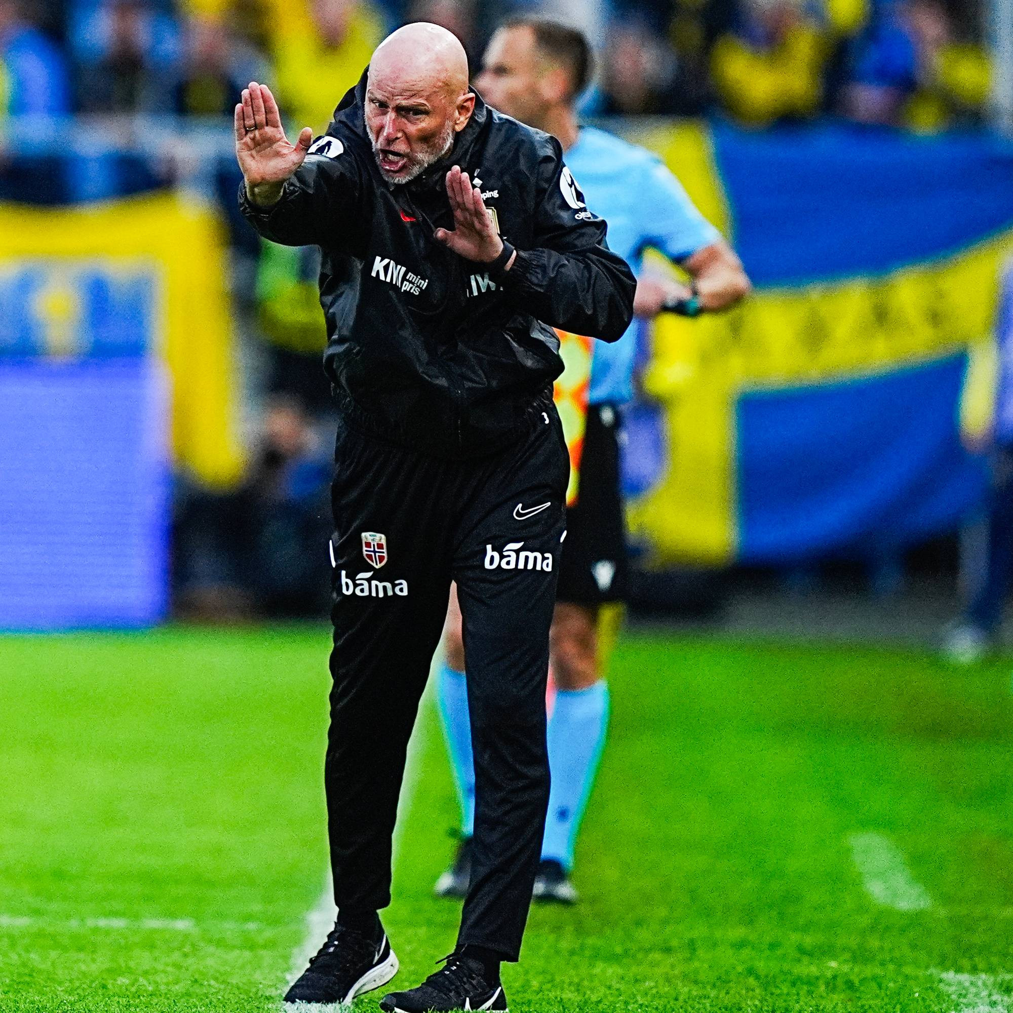 Fotballtrener Ståle Solbakken gir instruksjoner på sidelinjen. Han står på kunstgress med supportere på tribunen i bakgrunnen. En svensk fane er synlig bak ham. (Bildebeskrivelsen er laget av en KI-tjeneste)