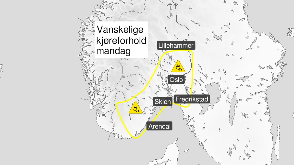 Gult farevarsel for Agder på mandag