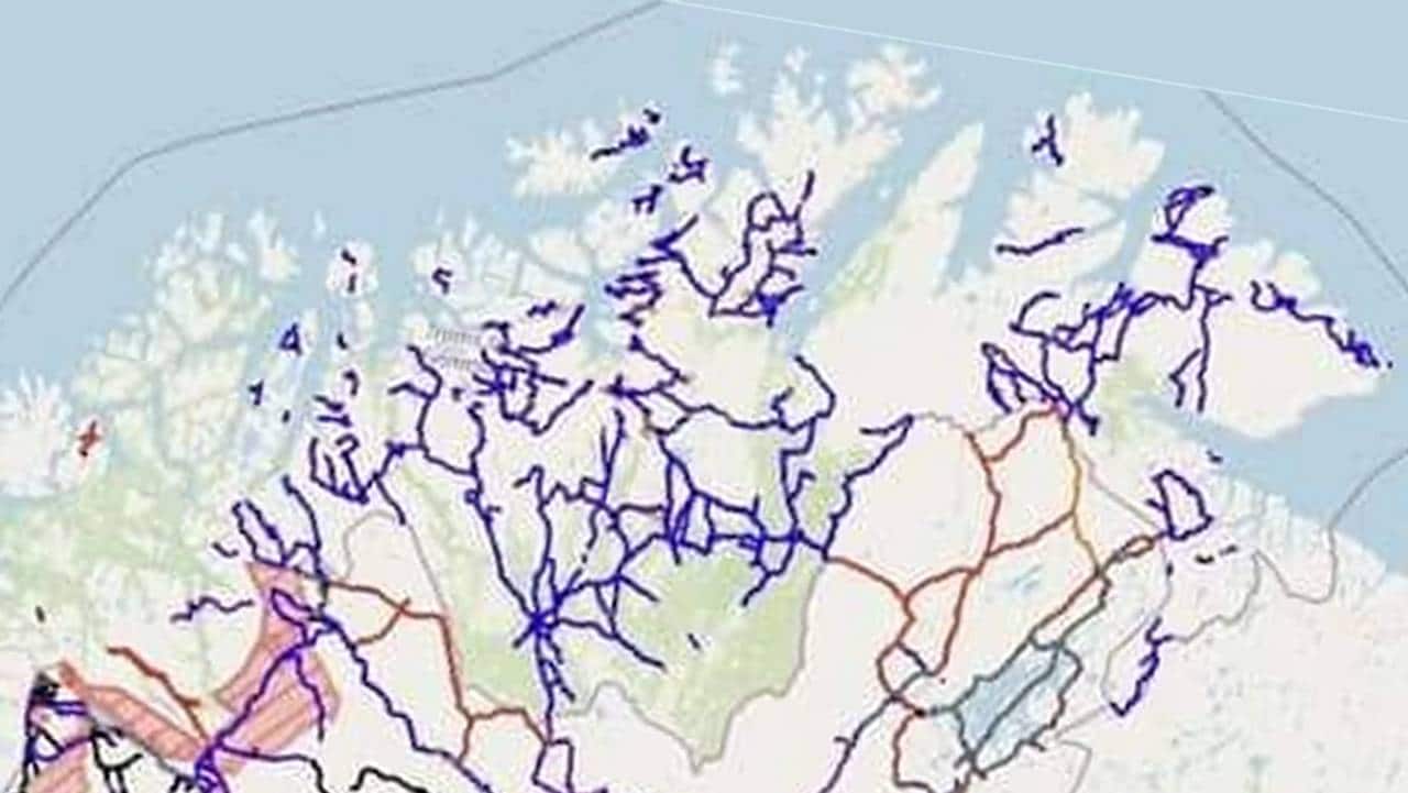 Dette kartet viser oversikten Strifeldt delte på sin Facebook-side. Kartet viser skuterløyper i Finnmark, men det er en del mangler.