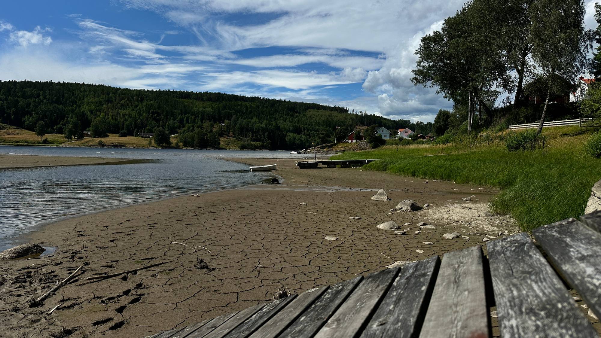 Tørr, sprukken grunn ved en vannkant med en brygge i forgrunnen og skogkledde åser i bakgrunnen. (Bildebeskrivelsen er laget av en KI-tjeneste)