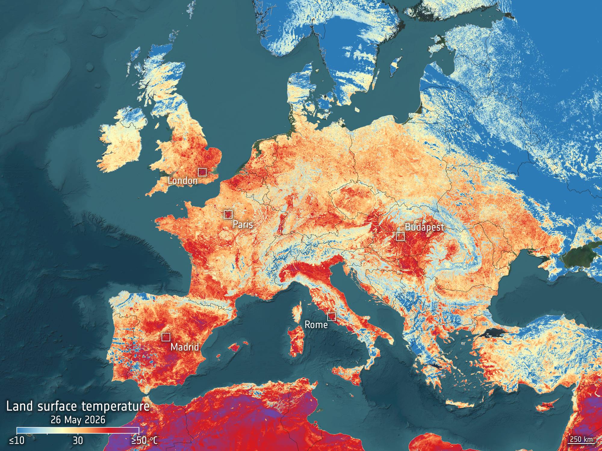 Et satellittbilde som viser blå, oransje og røde områder i Europa.