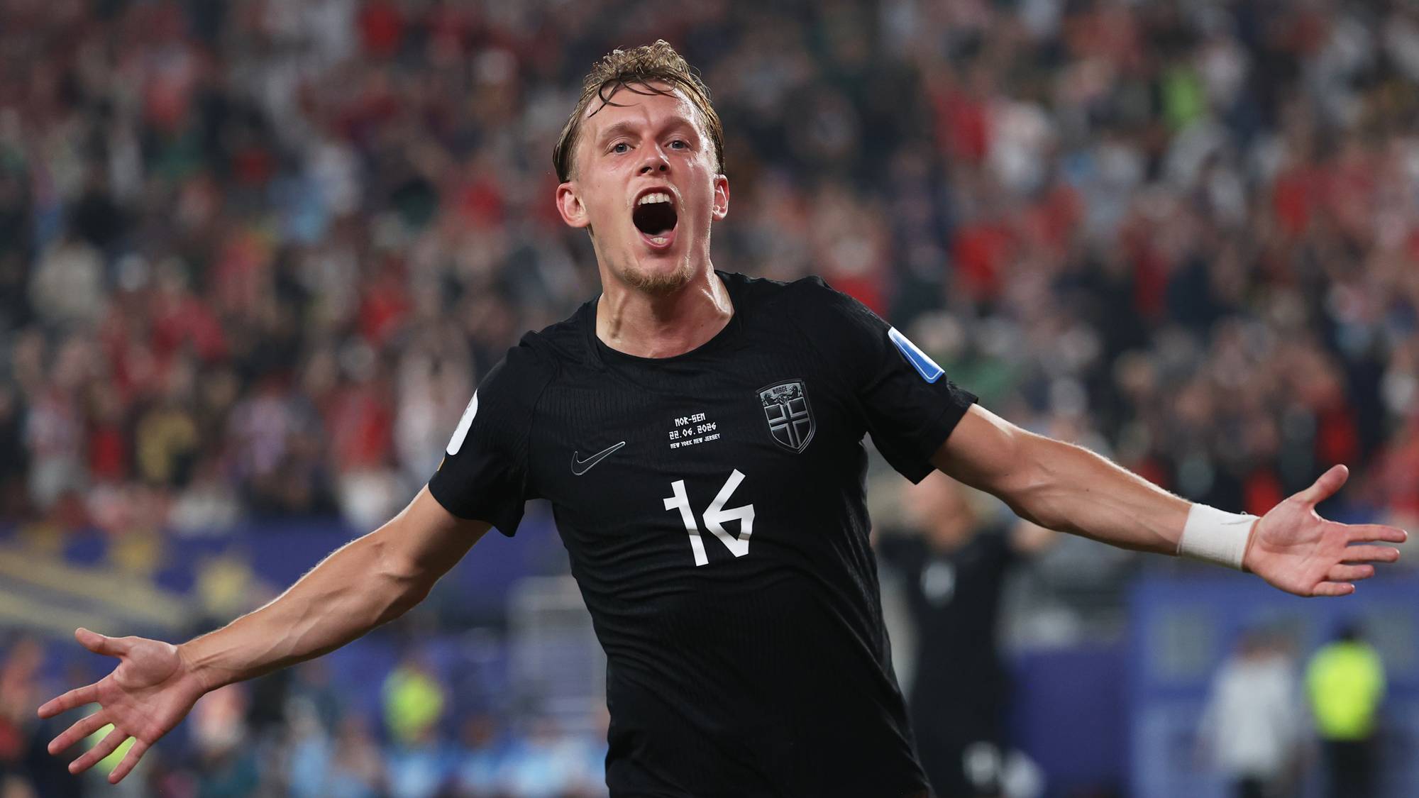 Norway's Marcus Holmgren Pedersen celebrates scoring his side's opening goal against Senegal during the World Cup Group I soccer match in East Rutherford, N.J., near New York, Monday, June 22, 2026. (AP Photo/Pamela Smith)