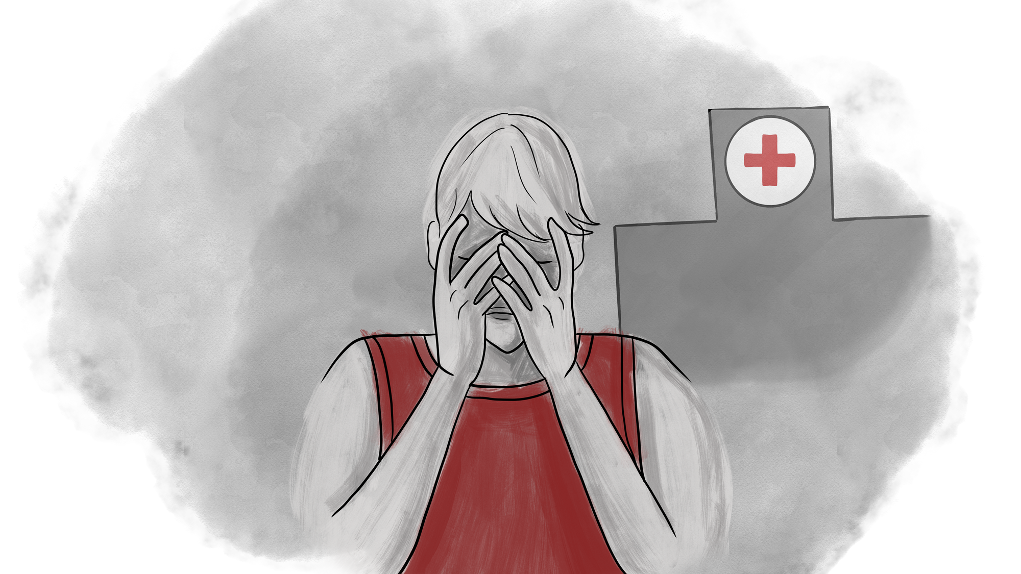 Illustrasjon av person i rød genser som dekker ansiktet med hendene. Bak ham er et sykehus.