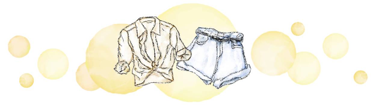 Illustrasjon av en litt krøllete skjorte og en shorts med gule bobler som bakgrunn. 