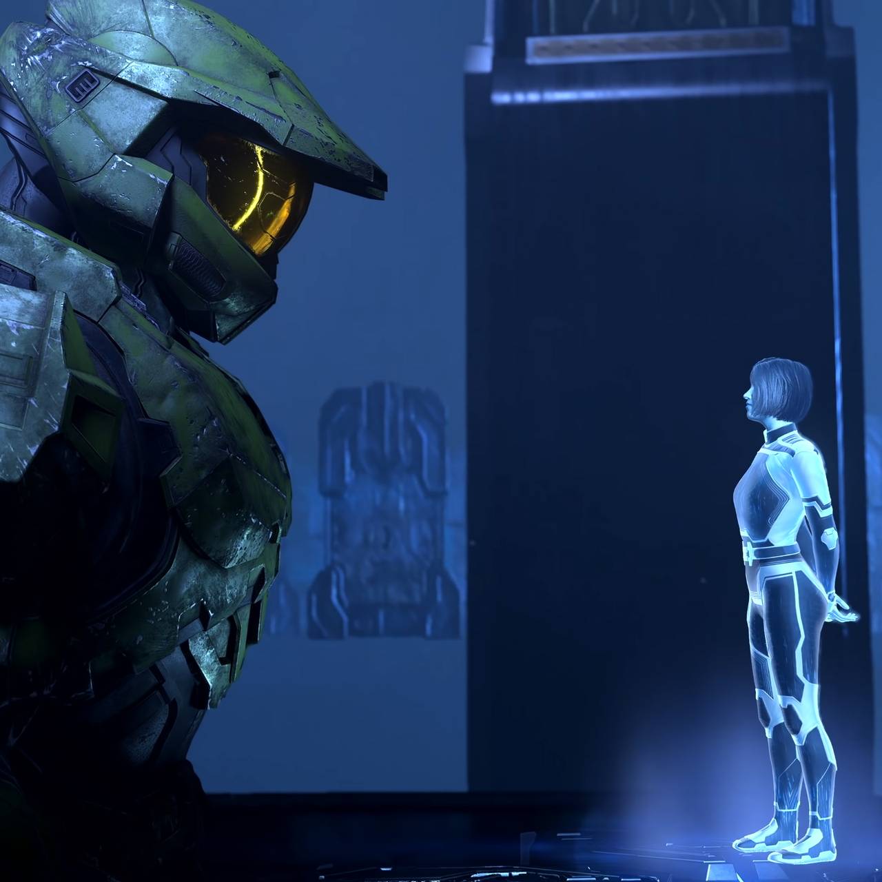 Spillfiguren Master Chief ser på en figur med en lysende aura rundt seg – en ny kunstig intelligens. Fra spillet «Halo Infinite»
