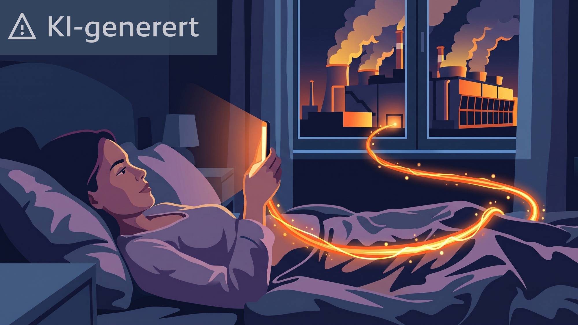 ki-generert illustrasjon av en kvinne på mobilen. I bakgrunnen et datasenter. ledningen fra mobilen gløder, og kobles sammen med datasenteret utenfor vinduet. 