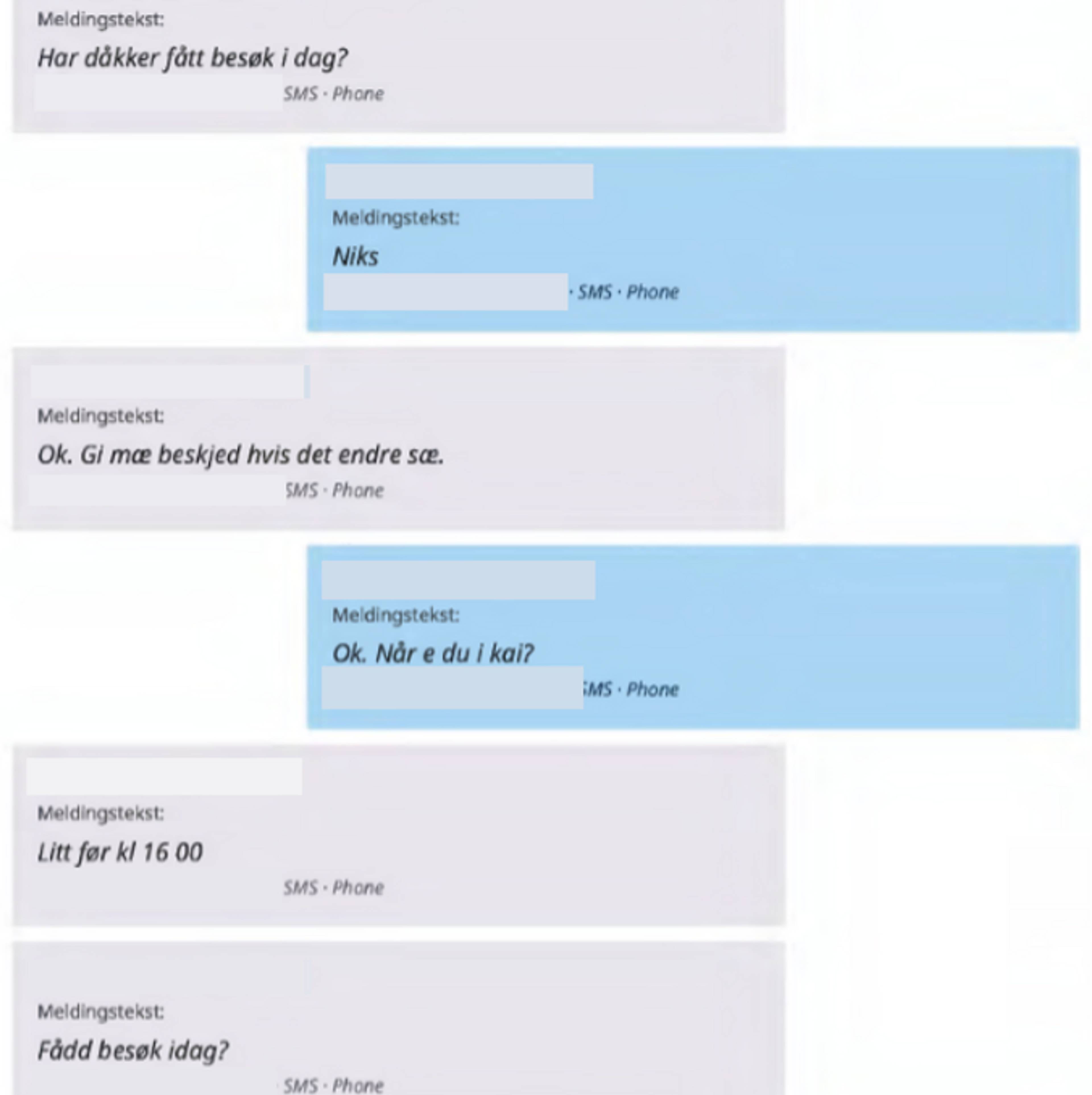 En samtale i en chat, der to diskuterer om noen har vært på besøk enda.