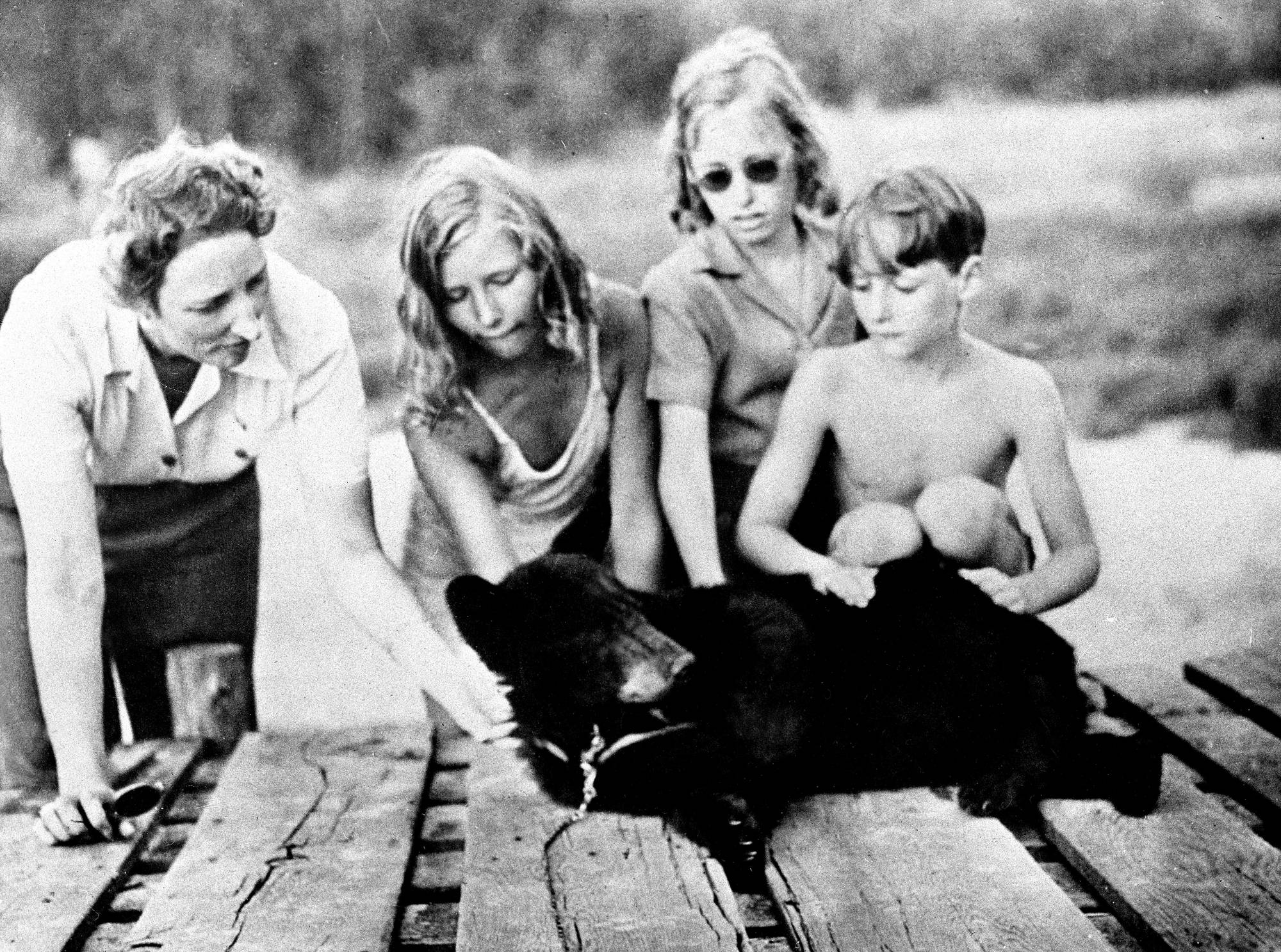 Kronprinsesse Märtha, prins Harald og prinsessene Astrid og Ragnhild klapper en bjørn i Canada