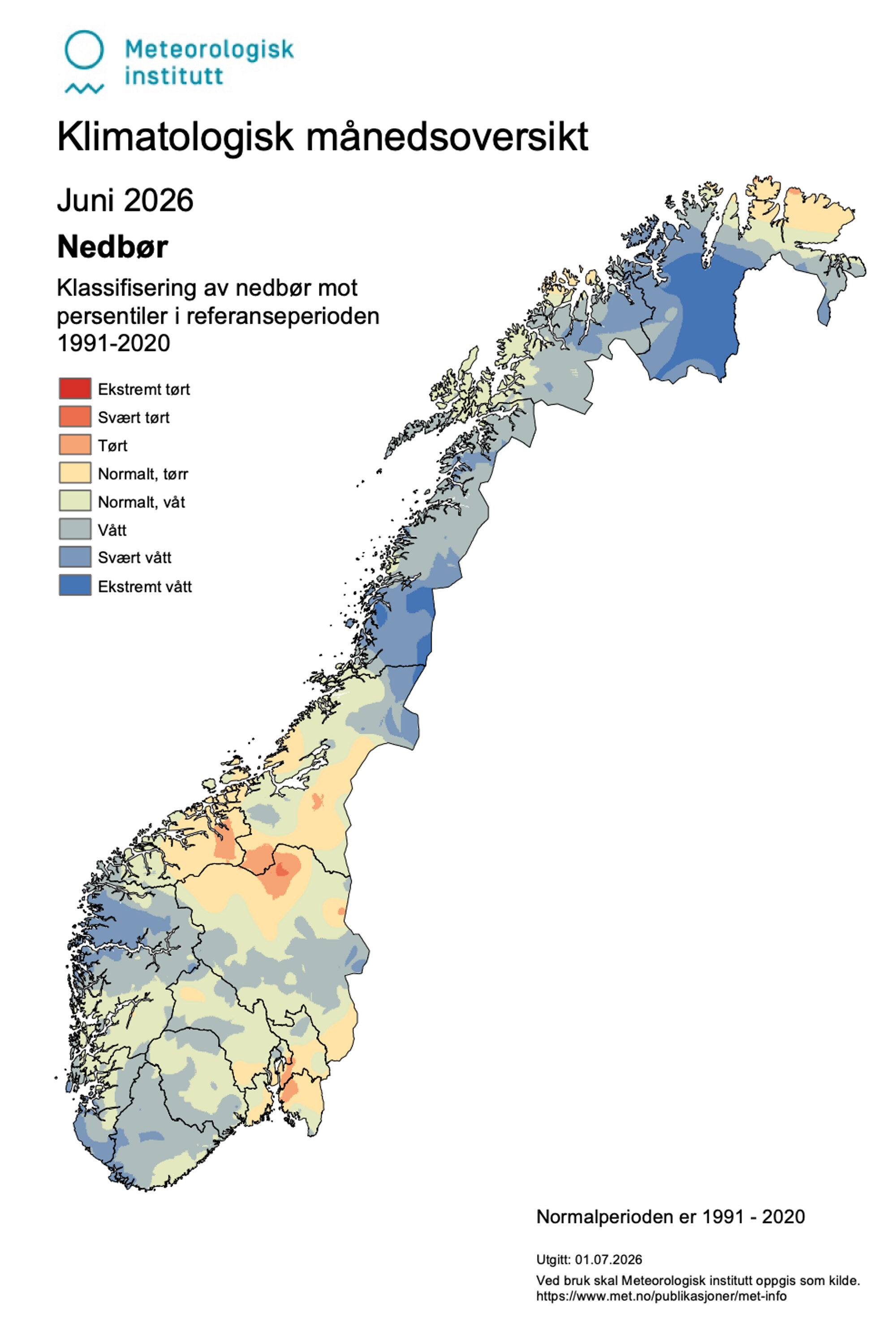 kart over nedbør juni 2026