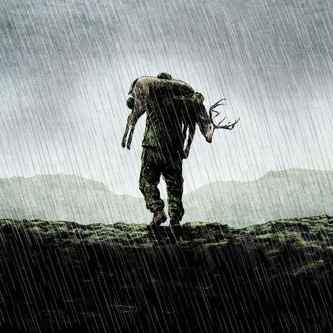 En tegning av en mann som går mot horisonten med et reinsdyr over ryggen. Det regner og er mørkt rundt ham. 