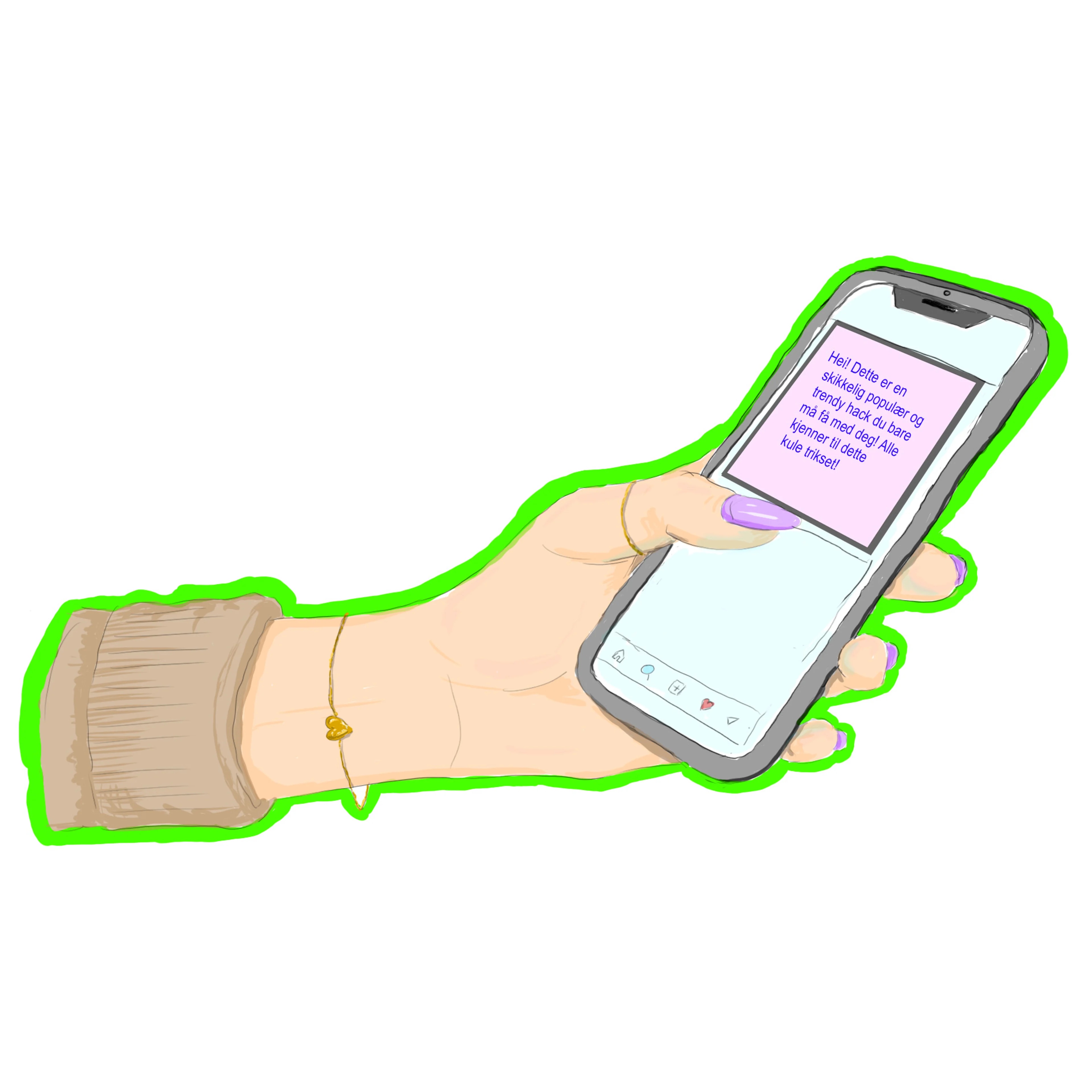 Illustrasjon av en hånd som holder en mobiltelefon. På skjermen ser vi det som skal ligne et innlegg på sosiale medier. Innlegget har god kontrast og er lett å lese, noe som er intensjonen med illustrasjonen. På skjermen står det: "Hei! Dette er en skikkelig populær og trendy hack du bare må få med deg! Alle kjenner til dette kule trikset!" Fargene på innlegget er klar  mørk blå skrift på dus rosa bakgrunn.