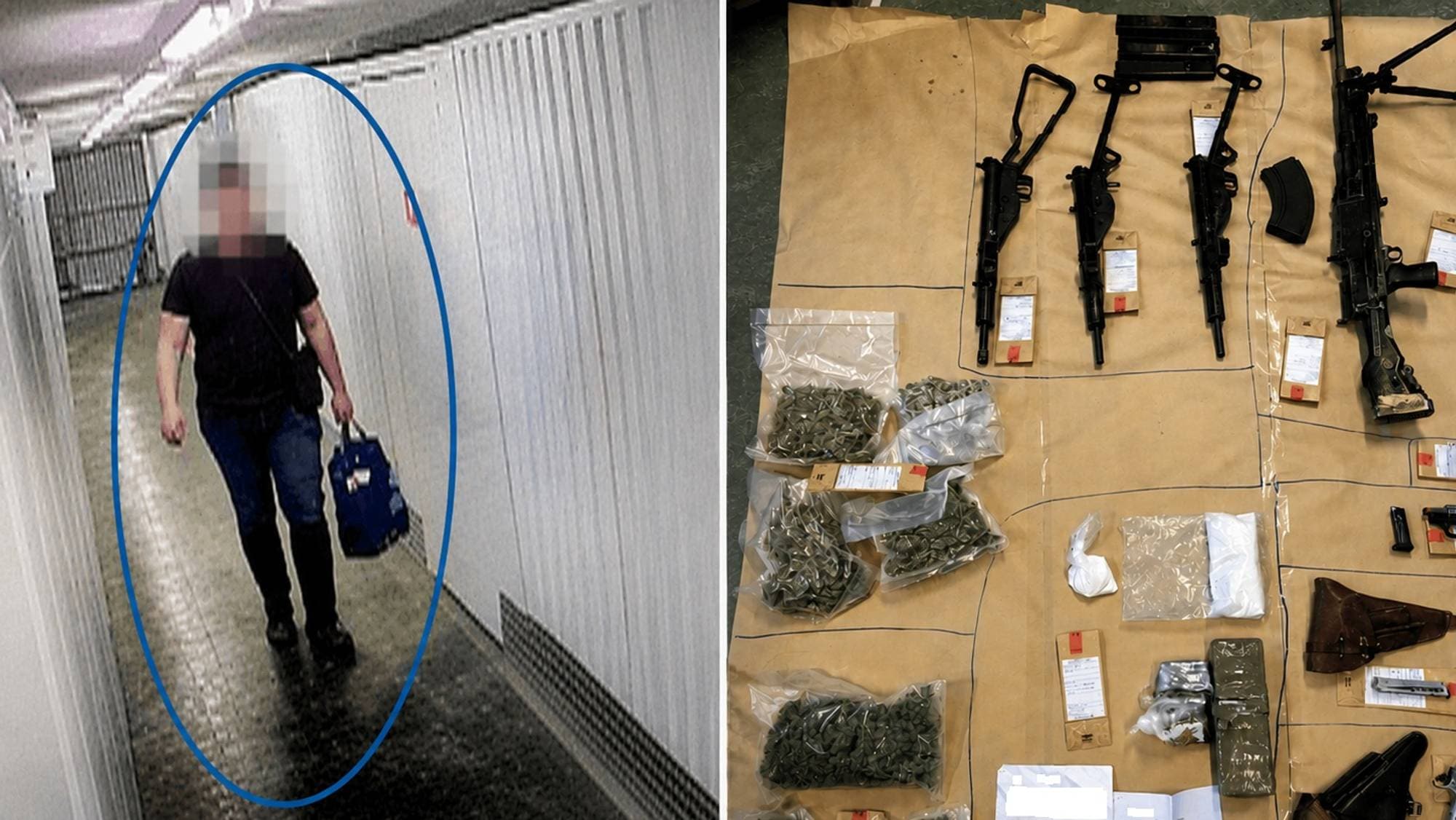 En mann går i en gang. Politiet mener han var på vei til våpendepotet