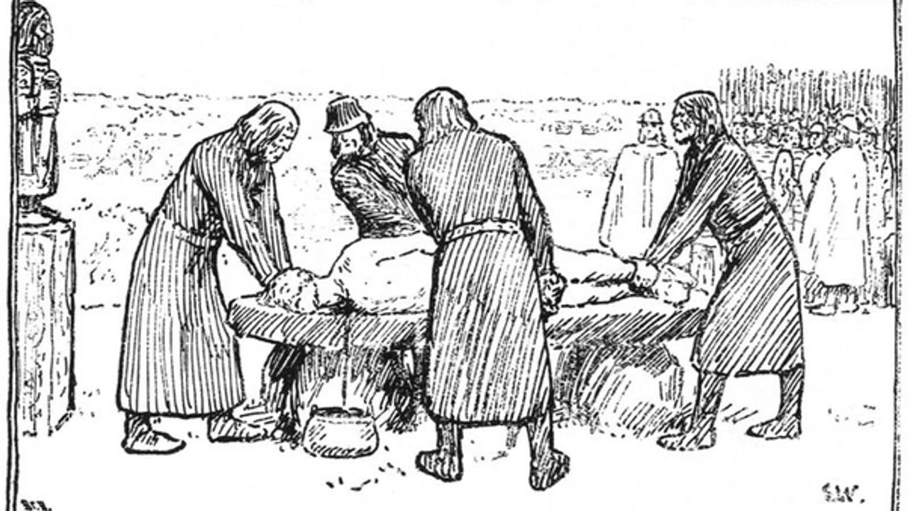 Sagnkongen Domalde ofres. Tegning av Erik Werenskiold fra Snorre Sturlasons kongesagaer.
