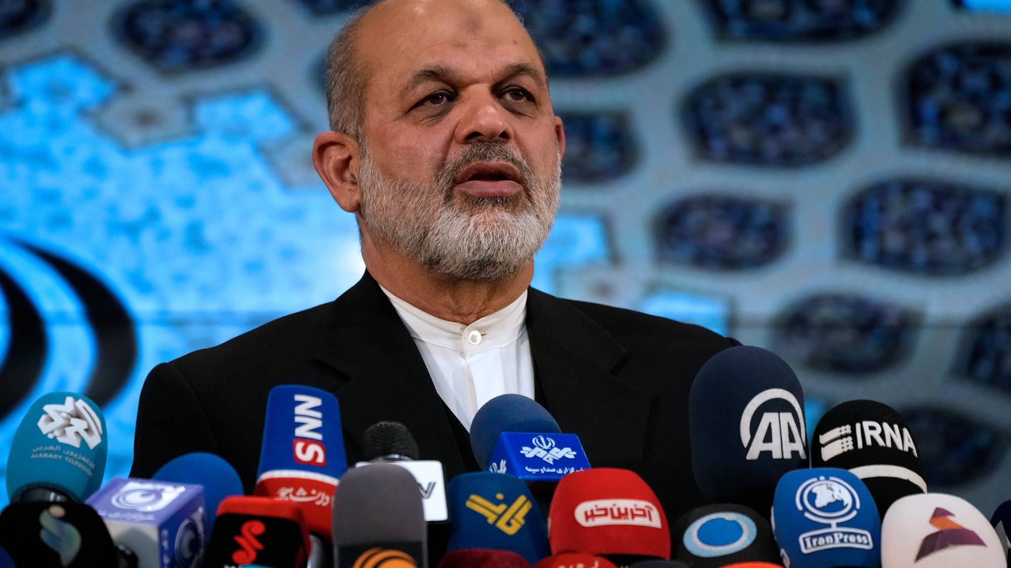 FILE - Iran's Interior Minister Ahmad Vahidi briefs the media on elections in Tehran, Iran, March 4, 2024. (AP Photo/Vahid Salemi, File)