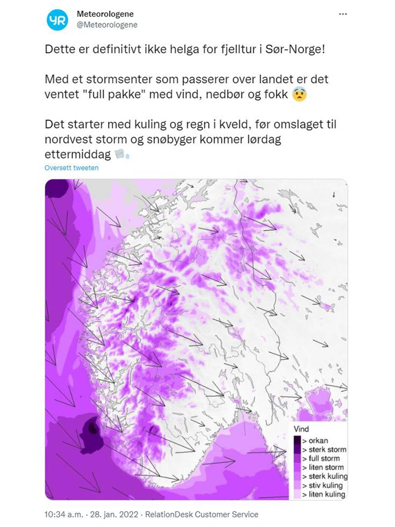 Skjermdump av yr - uvær over Sør-Norge