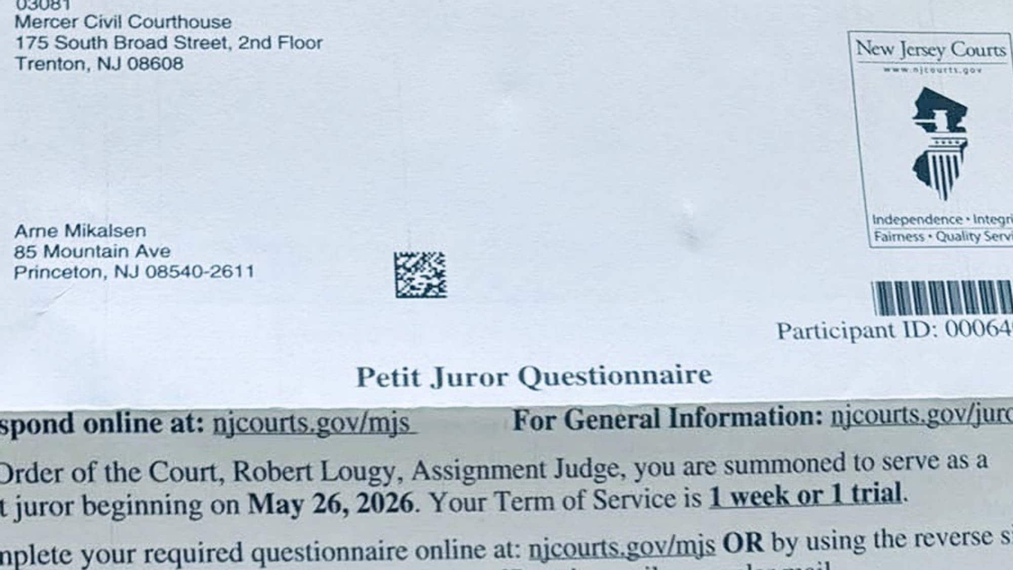 Et brev fra retten i New Jersey, USA, som kaller inn til jurytjeneste. 