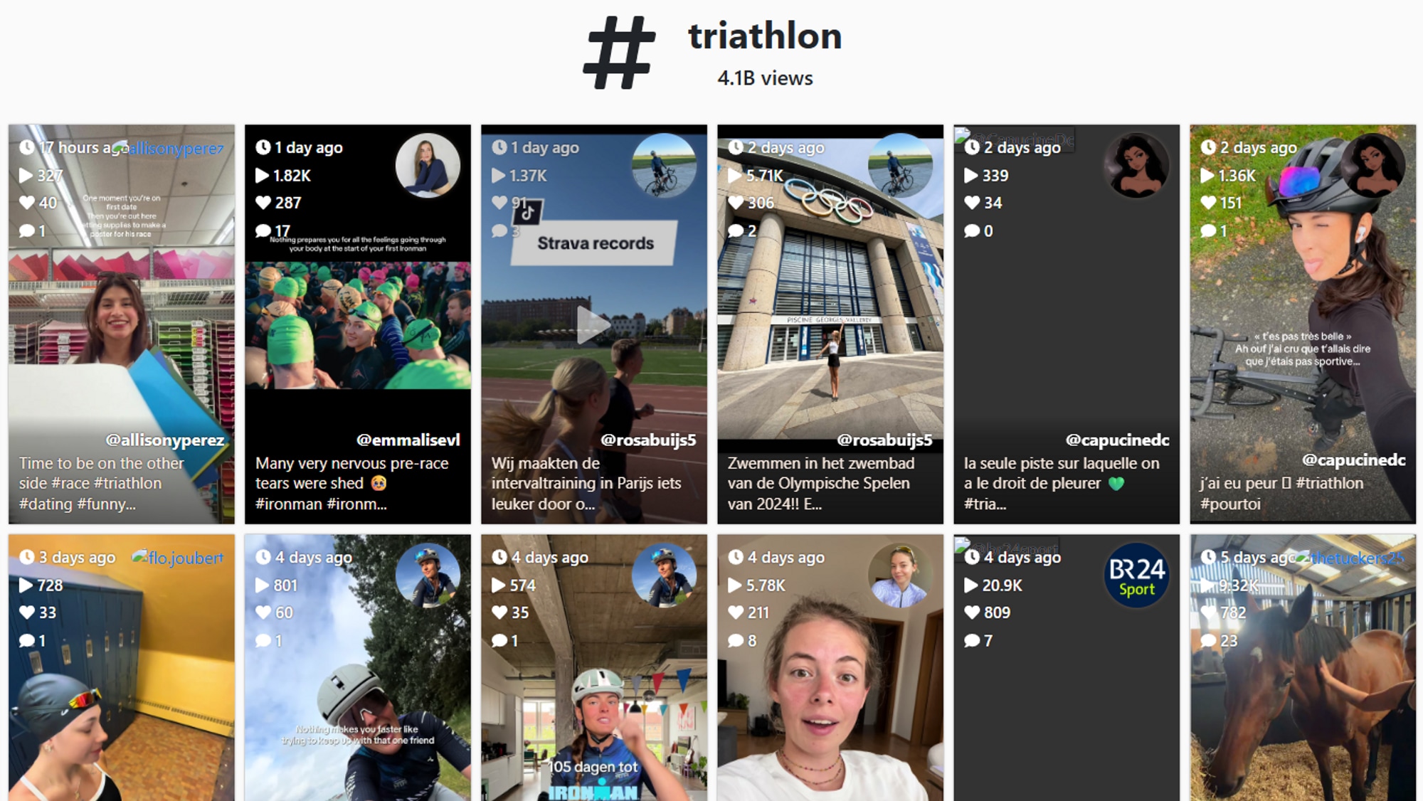 Skjermdump av #triathlon fra urlebird. Den viser et utklipp av ulike videoer.
