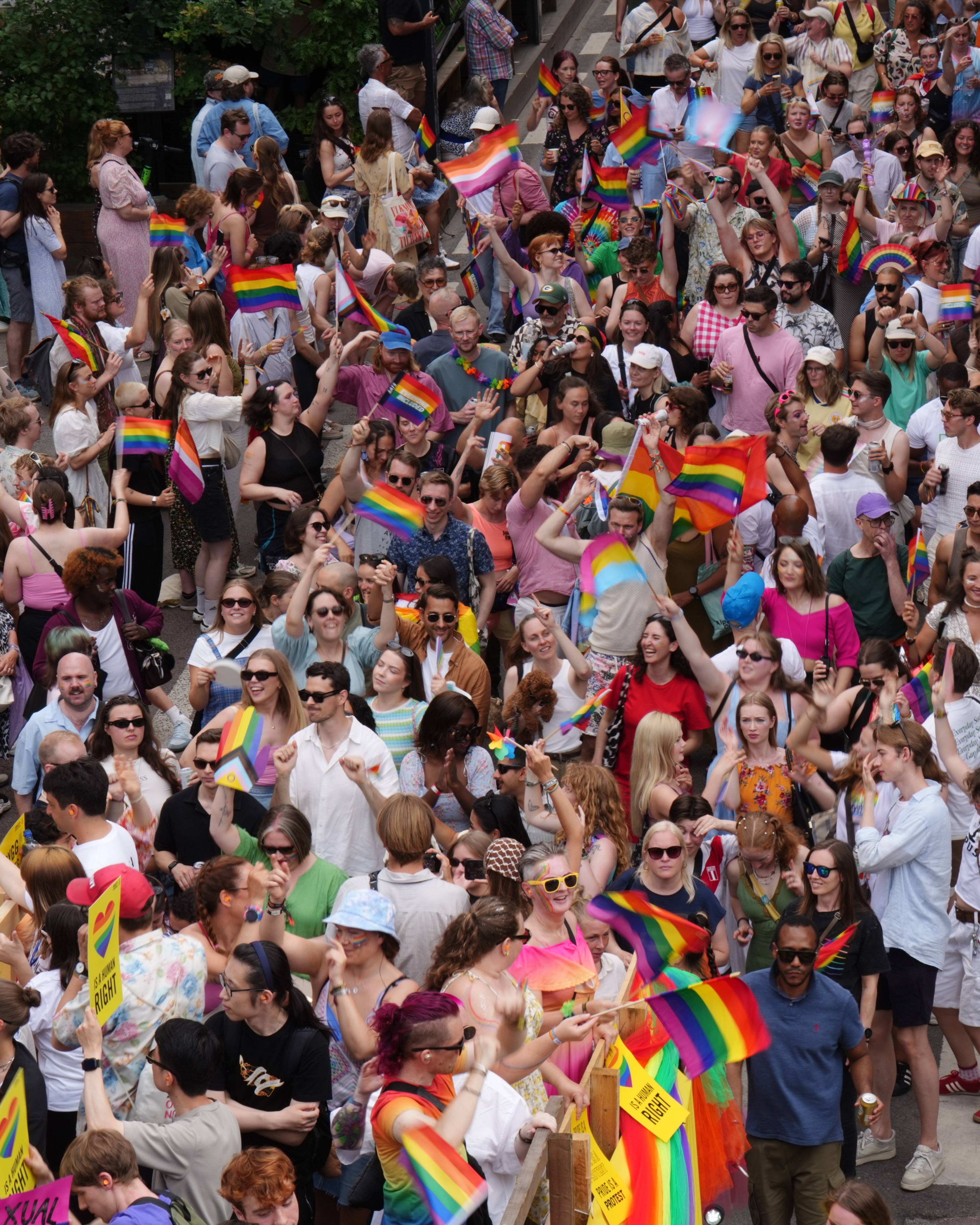 En folkemengde går i Pride-parade gjennom en bygate mens de holder regnbueflagg og plakater. (Bildebeskrivelsen er laget av en KI-tjeneste)