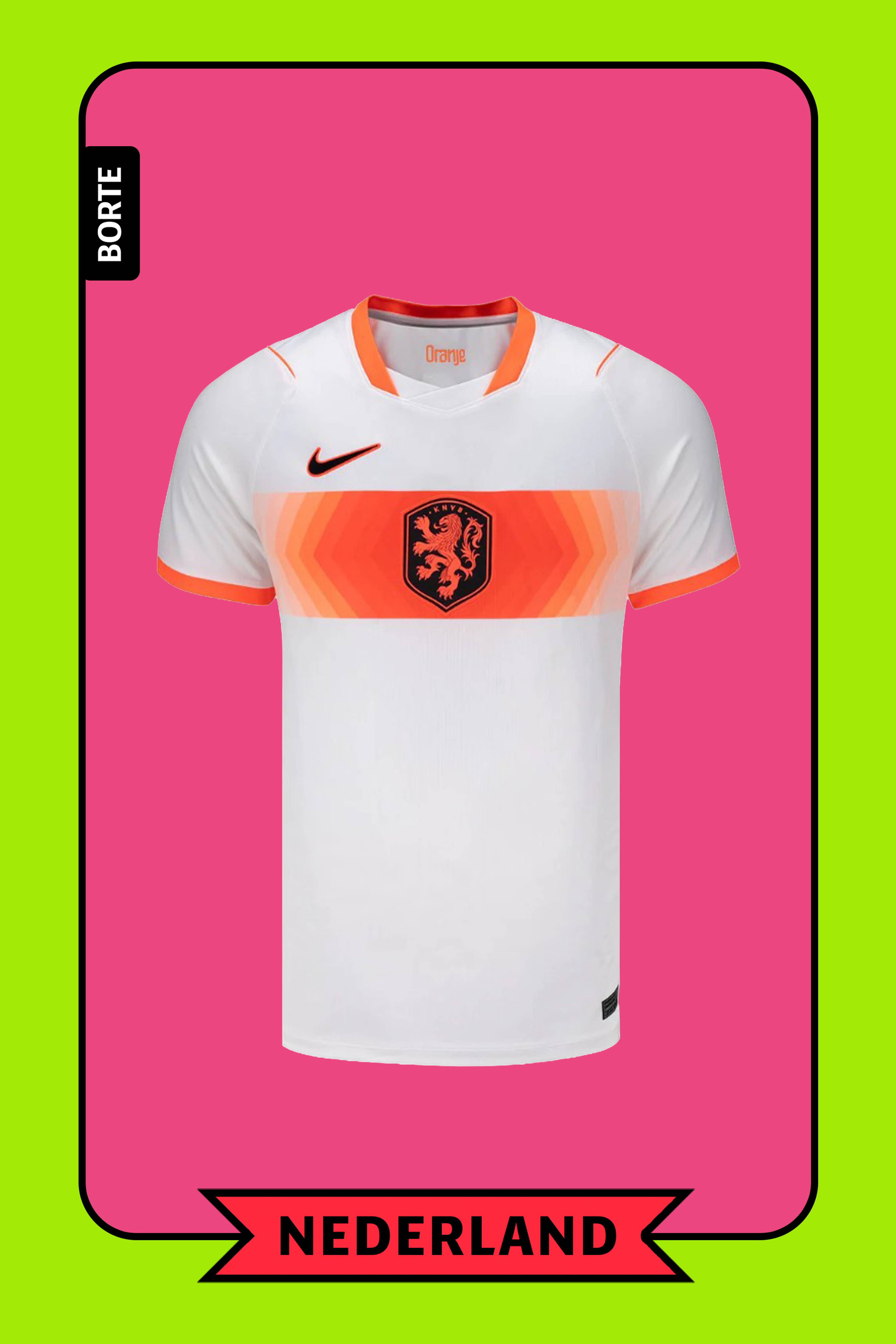 En hvit fotballtrøye med oransje felt over brystet